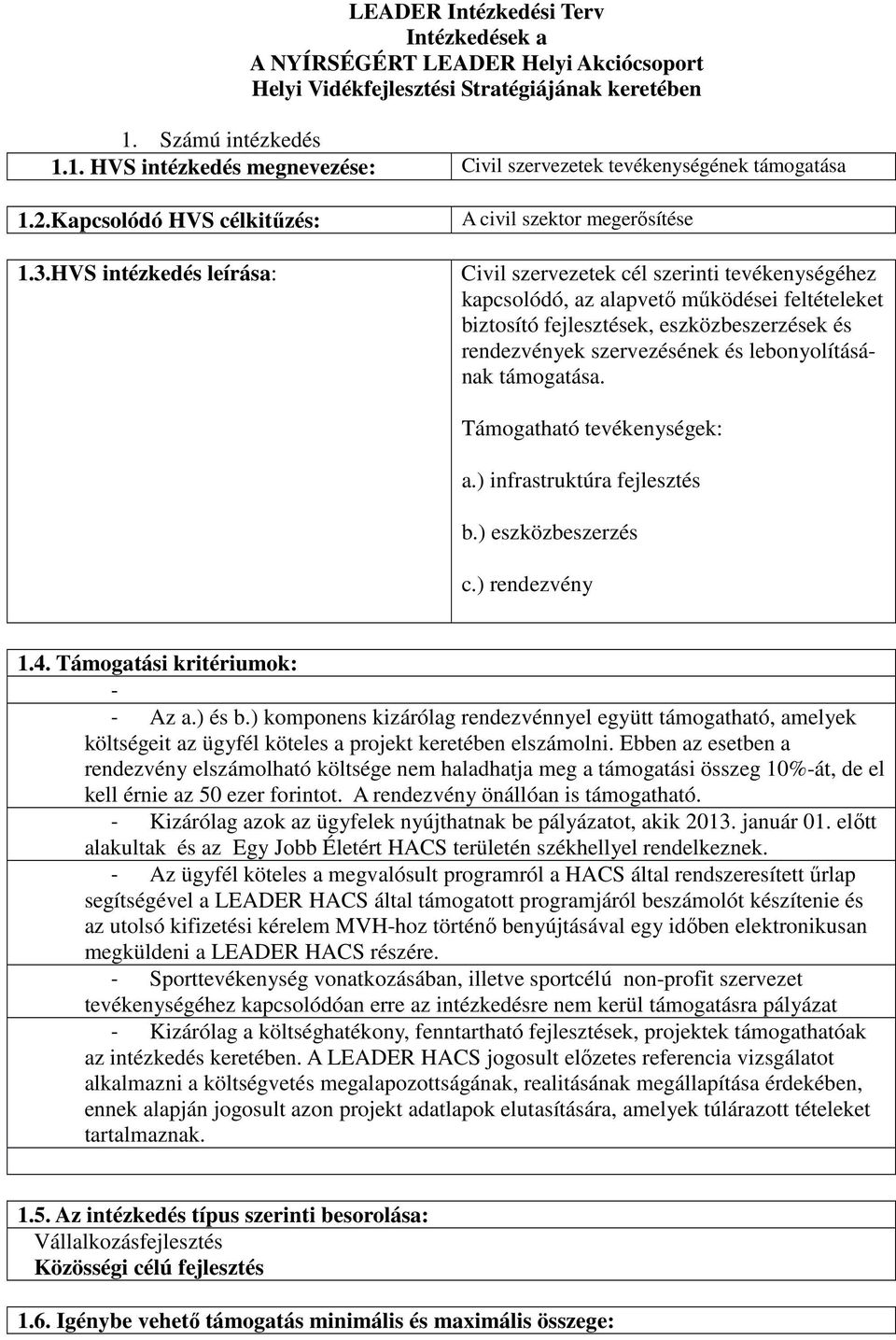 HVS intézkedés leírása: A civil szektor megerősítése Civil szervezetek cél szerinti tevékenységéhez kapcsolódó, az alapvető működései feltételeket biztosító fejlesztések, eszközbeszerzések és