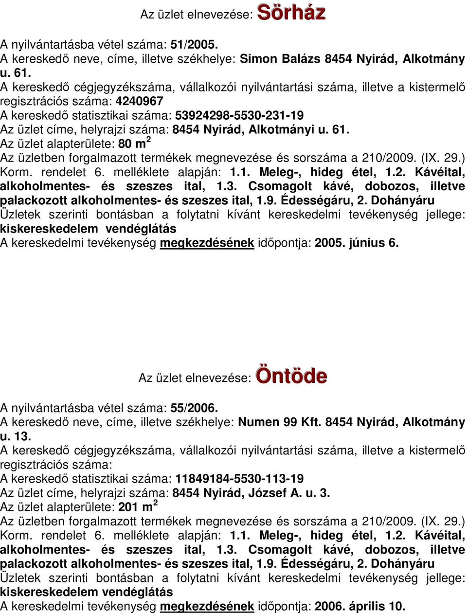 melléklete alapján: 1.1. Meleg-, hideg étel, 1.2. Kávéital, alkoholmentes- és szeszes ital, 1.3. Csomagolt kávé, dobozos, illetve palackozott alkoholmentes- és szeszes ital, 1.9. Édességáru, 2.