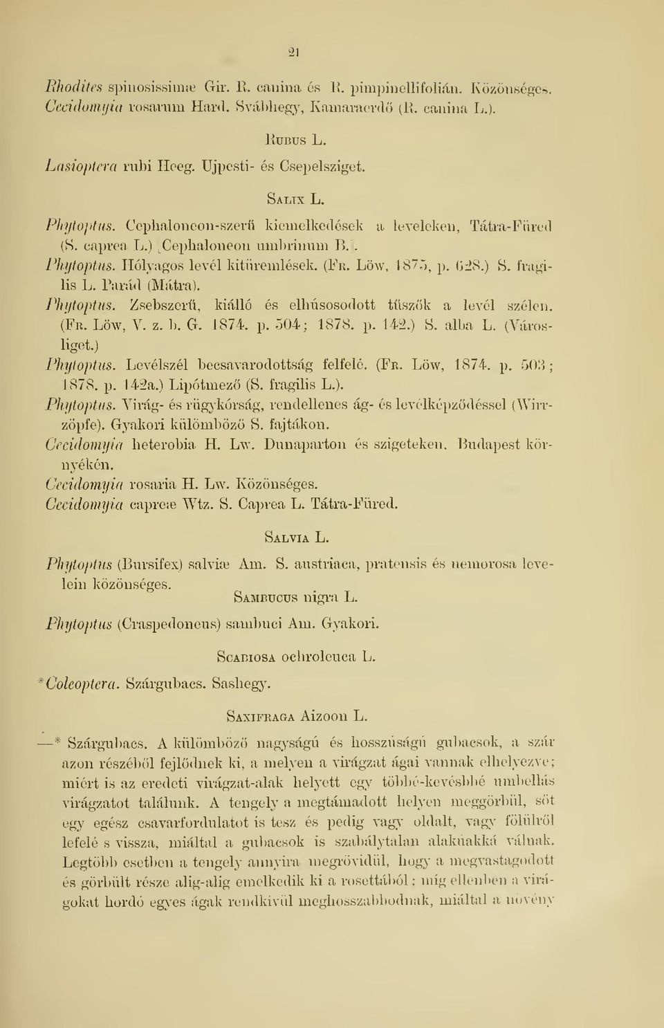 Löw, 1875, p. (ir^.s.) S. fragilis L. Párád (Mátra). Phijtoptus. Zsebszerü, kiálló és elhúsosodott tüszök a levél szélen. (Fr. Löw, V. z. 1). G. 1874. p. 504; 1878. p. 142.) S. alba L. (Városliget.