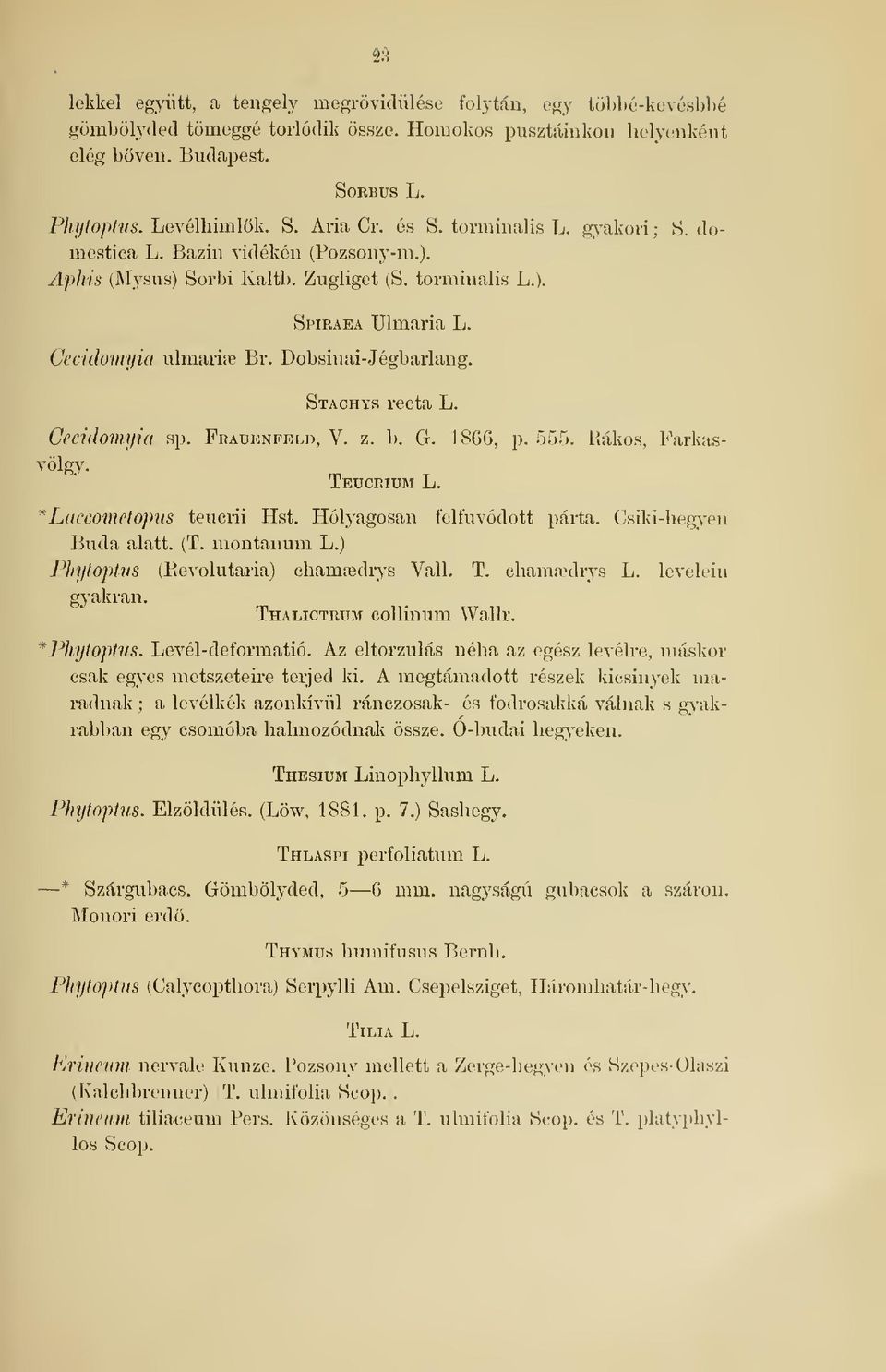Stachys recta L. Cecidomyia sp. Feauenfeld, V. z. b. G. 1866, p. 555. Rákos, Farkasvölgy. Teucrium L. *Laccúmeto]nis teucrii Hst. Hólyagosan felfúvódott párta. Csiki-heg^-en Buda alatt. (T.