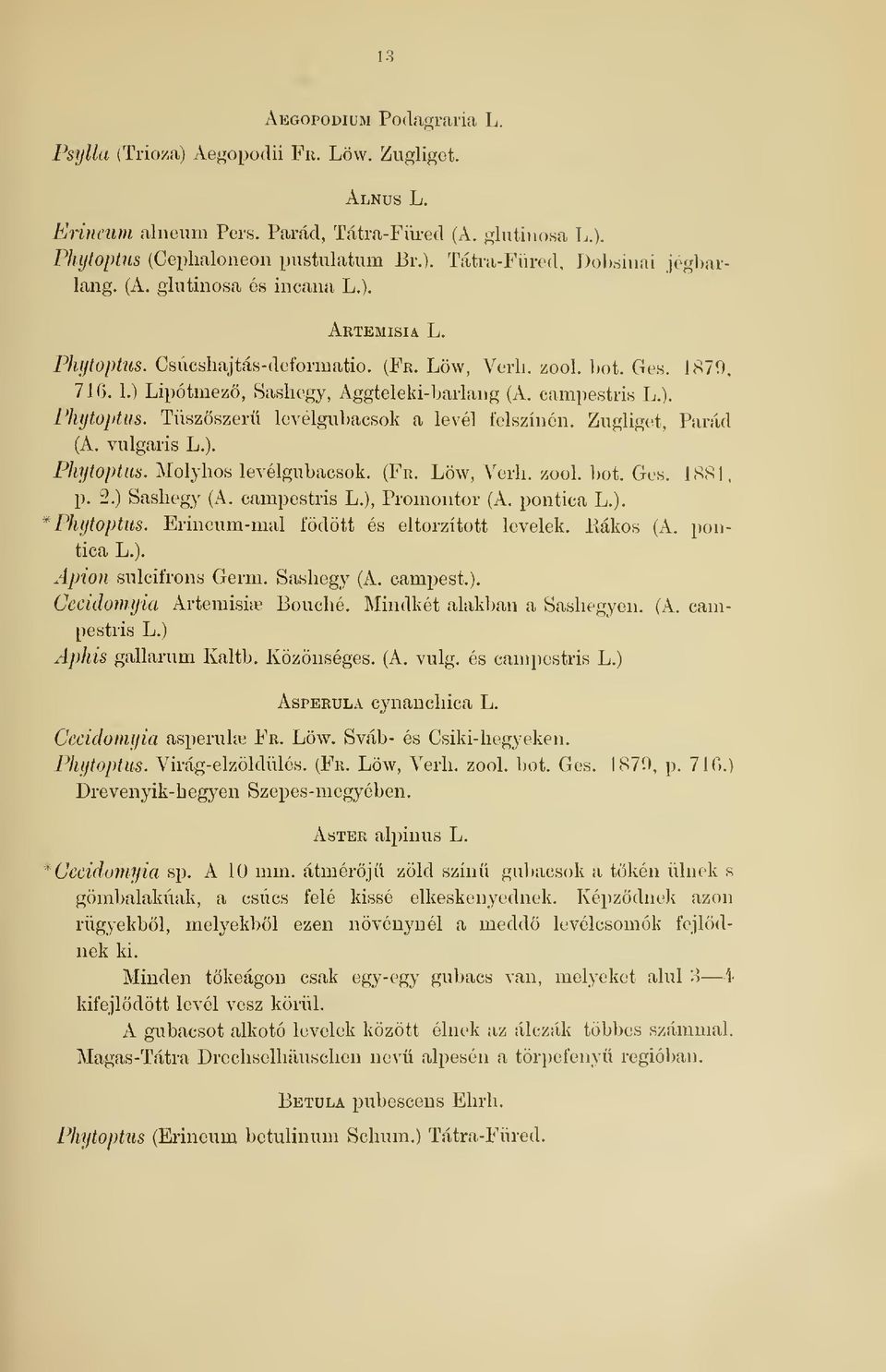 Zugliget, Párád (A. vulgaris L.). Phytoptus. Molyhos levelgubacsok. (Fr. Löw, Verb. zool. bot. Ges. ISSl, p. 2.) Sashegy (A. campestris L.), Promontor (A. pontica L.). *Phytoptus.