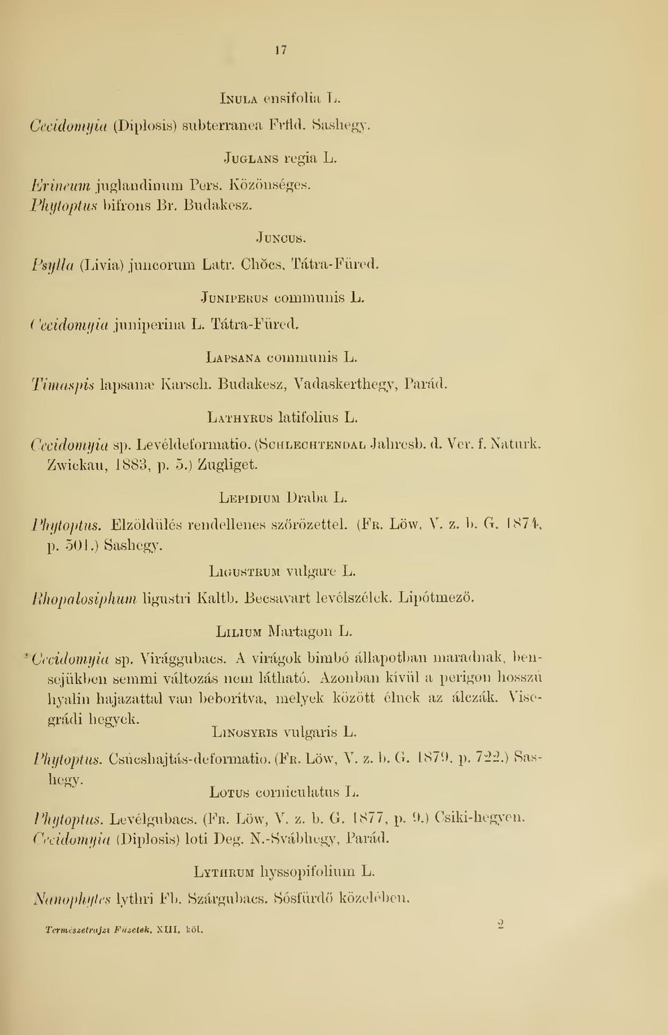 Budakesz, Vadaskerthegy, Párád, Lathyrus latifolius L. Cccidonuiia sp. Levéldeformatio. (Schlechtendal Jahresb. d. Ver. f. Naturk. Zwickau, 1883, p. 5.) Zugliget. Lepidium Draba L. Phytoptus.