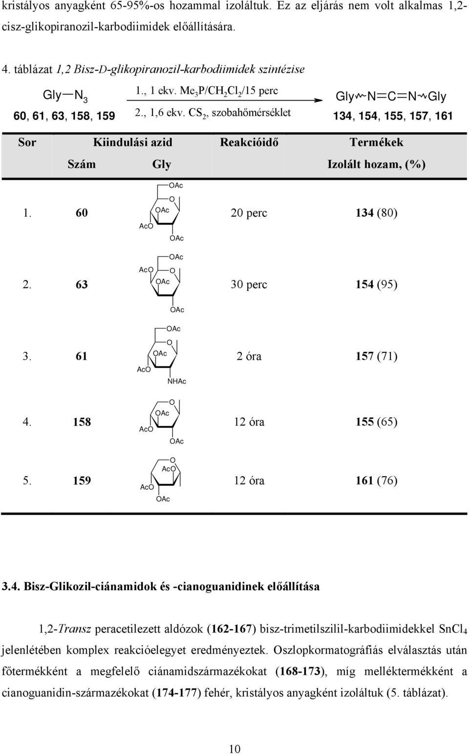 CS 2, szobahőmérséklet 134, 154, 155, 157, 161 Sor Kiindulási azid Reakcióidő Termékek Szám Gly Izolált hozam, (%) 1. 60 2. 63 Ac Ac 20 perc 134 (80) 30 perc 154 (95) 3. 61 4. 158 5.