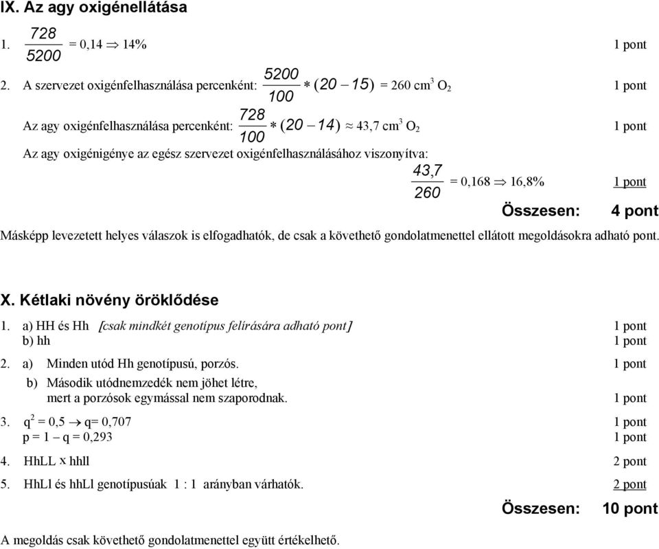 oxigénfelhasználásához viszonyítva: 43,7 260 = 0,168 16,8% 4 pont Másképp levezetett helyes válaszok is elfogadhatók, de csak a követhető gondolatmenettel ellátott megoldásokra adható pont. X.