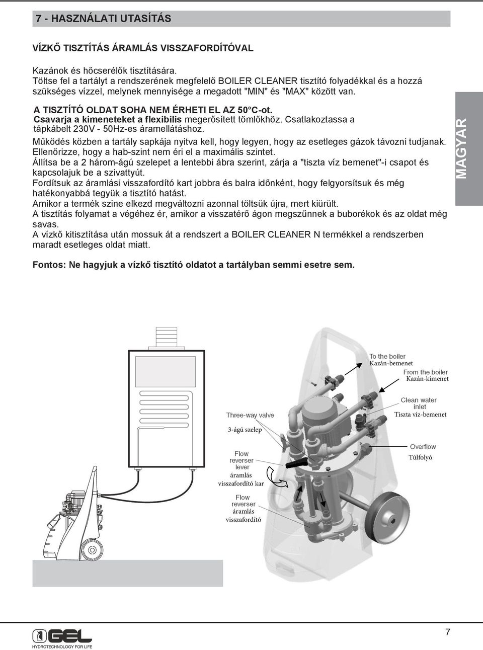 A TISZTÍTÓ OLDAT SOHA NEM ÉRHETI EL AZ 50 C-ot. Csavarja a kimeneteket a flexibilis megerősített tömlőkhöz. Csatlakoztassa a tápkábelt 230V - 50Hz-es áramellátáshoz.