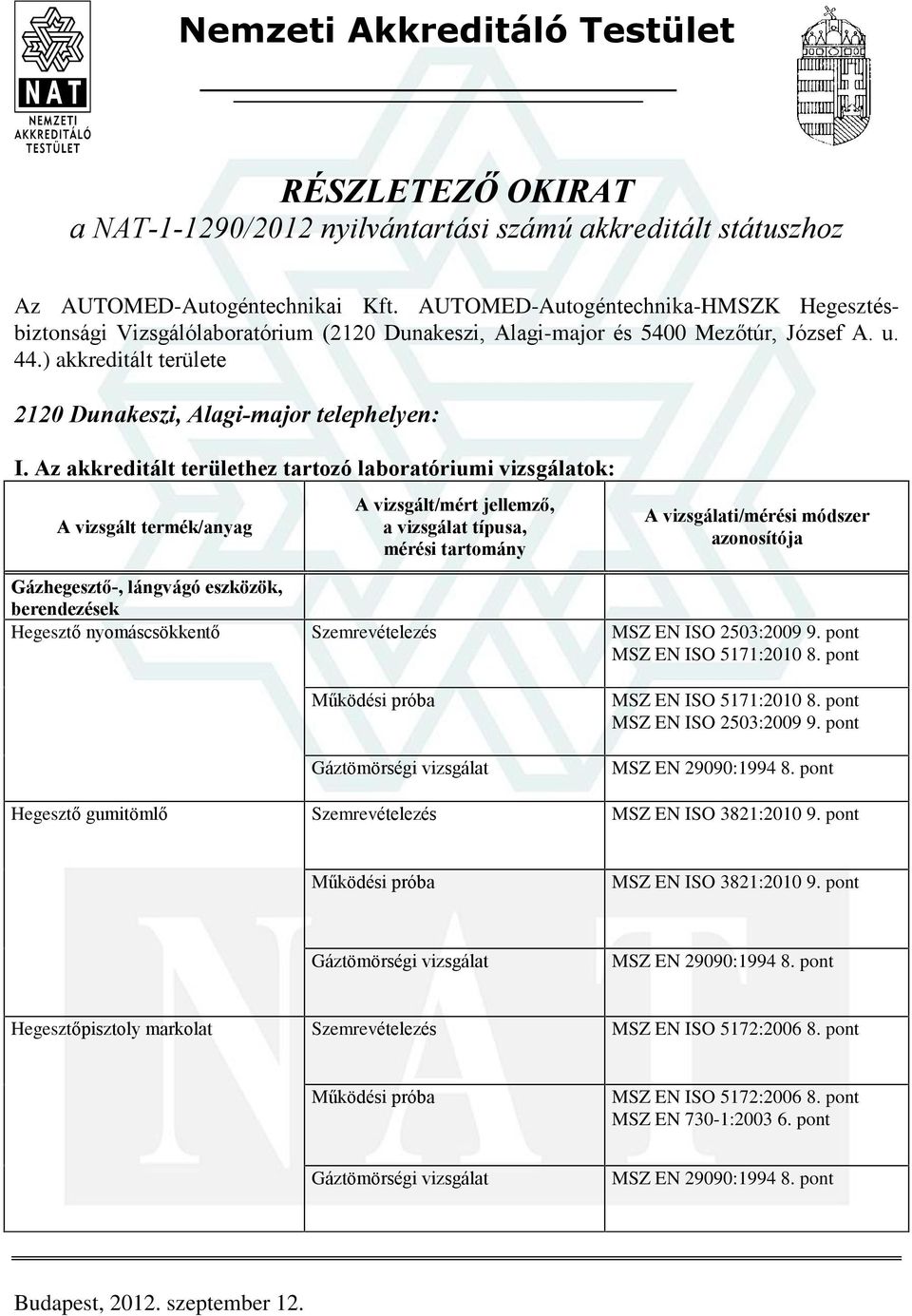 AUTOMED-Autogéntechnika-HMSZK Hegesztésbiztonsági Vizsgálólaboratórium (2120 Dunakeszi, Alagi-major és 5400 Mezõtúr, József