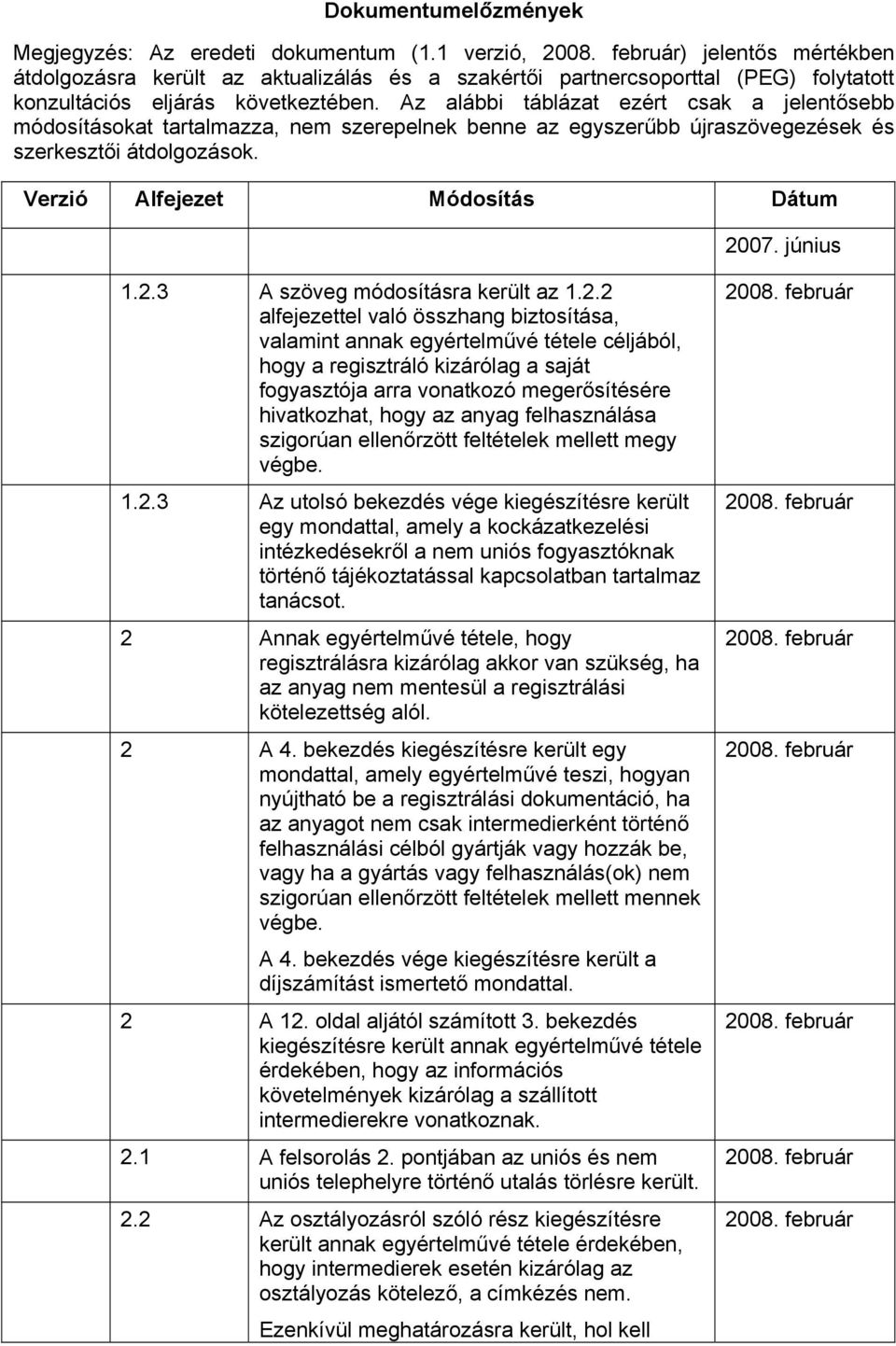 Az alábbi táblázat ezért csak a jelentősebb módosításokat tartalmazza, nem szerepelnek benne az egyszerűbb újraszövegezések és szerkesztői átdolgozások. Verzió Alfejezet Módosítás Dátum 2007.
