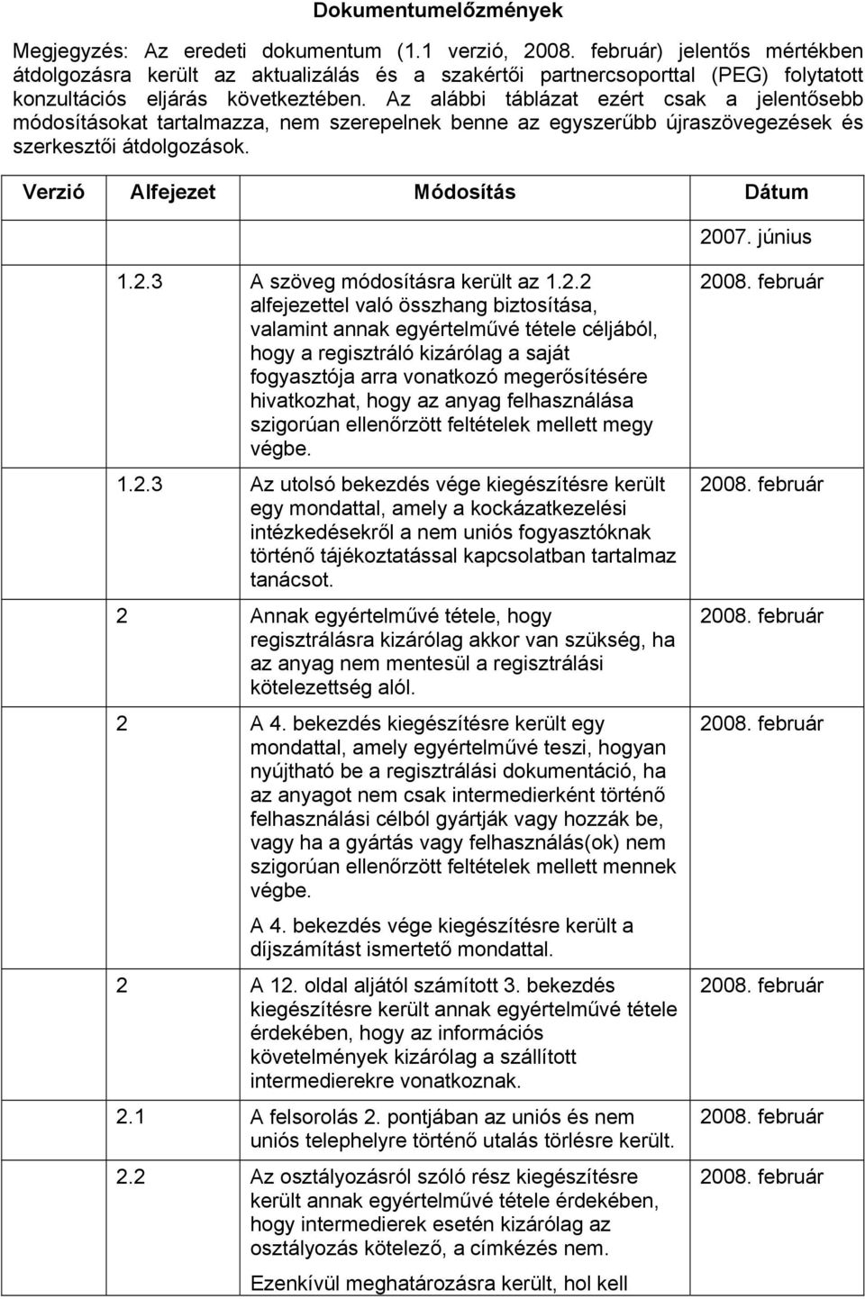 Az alábbi táblázat ezért csak a jelentősebb módosításokat tartalmazza, nem szerepelnek benne az egyszerűbb újraszövegezések és szerkesztői átdolgozások. Verzió Alfejezet Módosítás Dátum 2007.