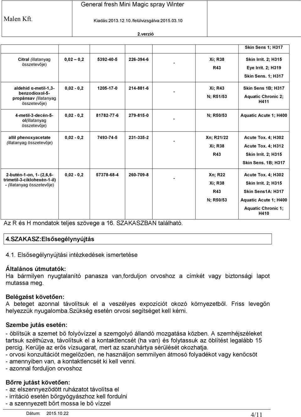 2798150 N; R50/53 Aquatic Acute 1; H400 allil phenoxyacetate (illatanyag 0,02 0,2 7493745 2313352 Xn; R21/22 Xi; R38 Acute Tox. 4; H302 Acute Tox. 4; H312 R43 Skin Irrit. 2; H315 Skin Sens.
