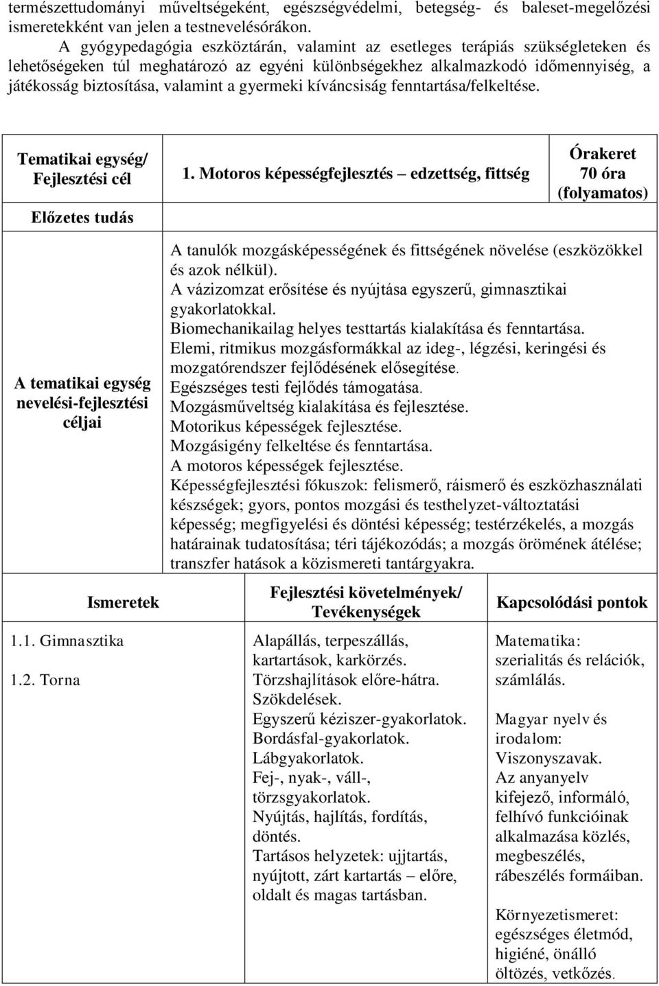 gyermeki kíváncsiság fenntartása/felkeltése. Tematikai egység/ 1. Motoros képességfejlesztés edzettség, fittség 70 óra Ismeretek 1.1. Gimnasztika 1.2.