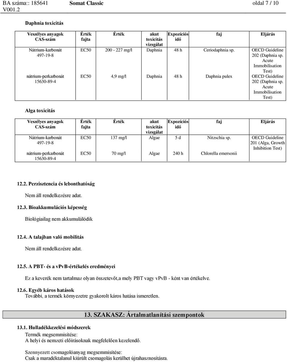 Acute Immobilisation Test) Alga toxicitás akut toxicitás vizsgálat Expozíciós idő faj EC50 137 mg/l Algae 5 d Nitzschia sp.