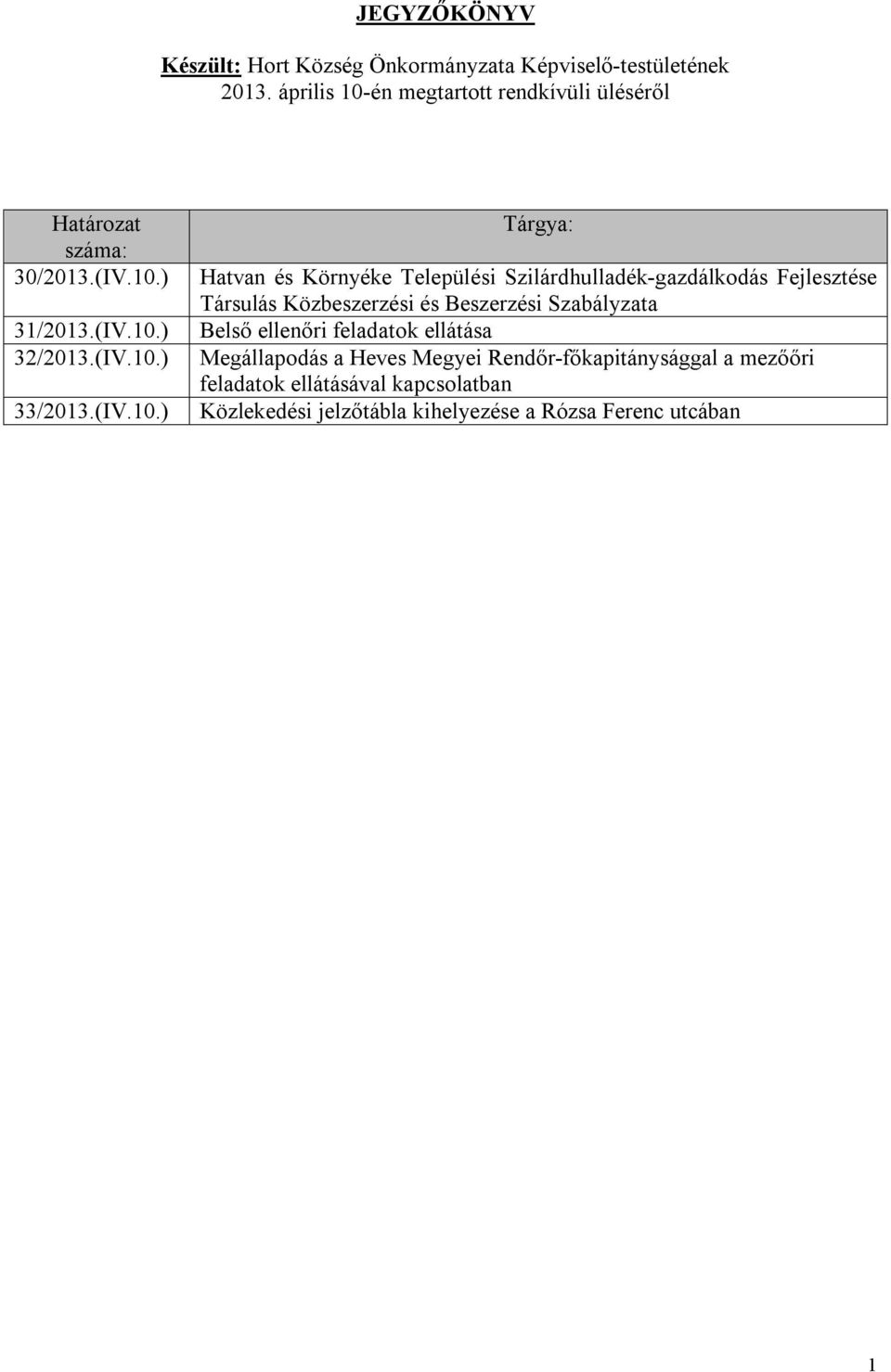 én megtartott rendkívüli üléséről Határozat száma: 30/2013.(IV.10.