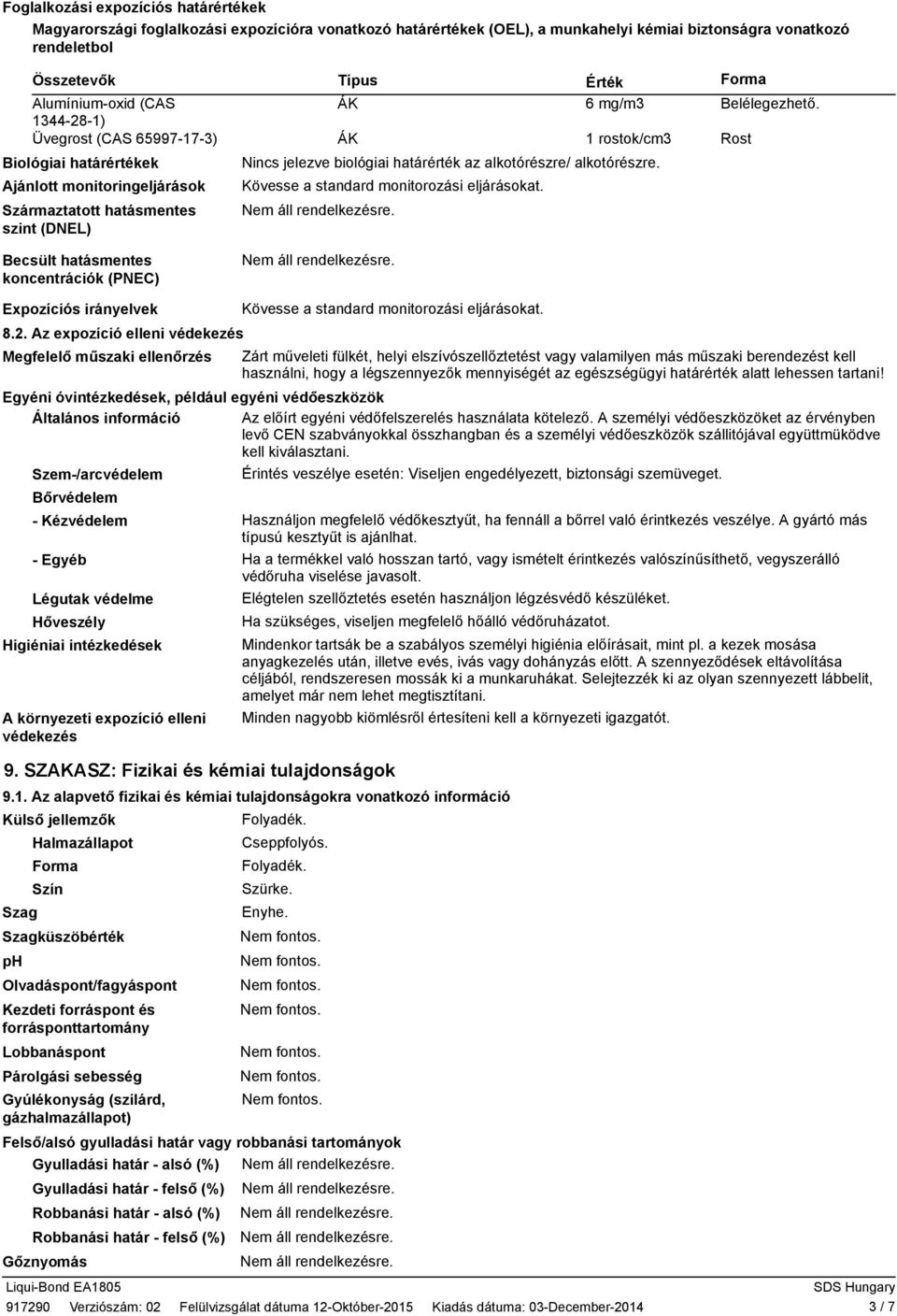 ÁK 1 rostok/cm3 Rost Nincs jelezve biológiai határérték az alkotórészre/ alkotórészre. Kövesse a standard monitorozási eljárásokat. Expozíciós irányelvek 8.2.