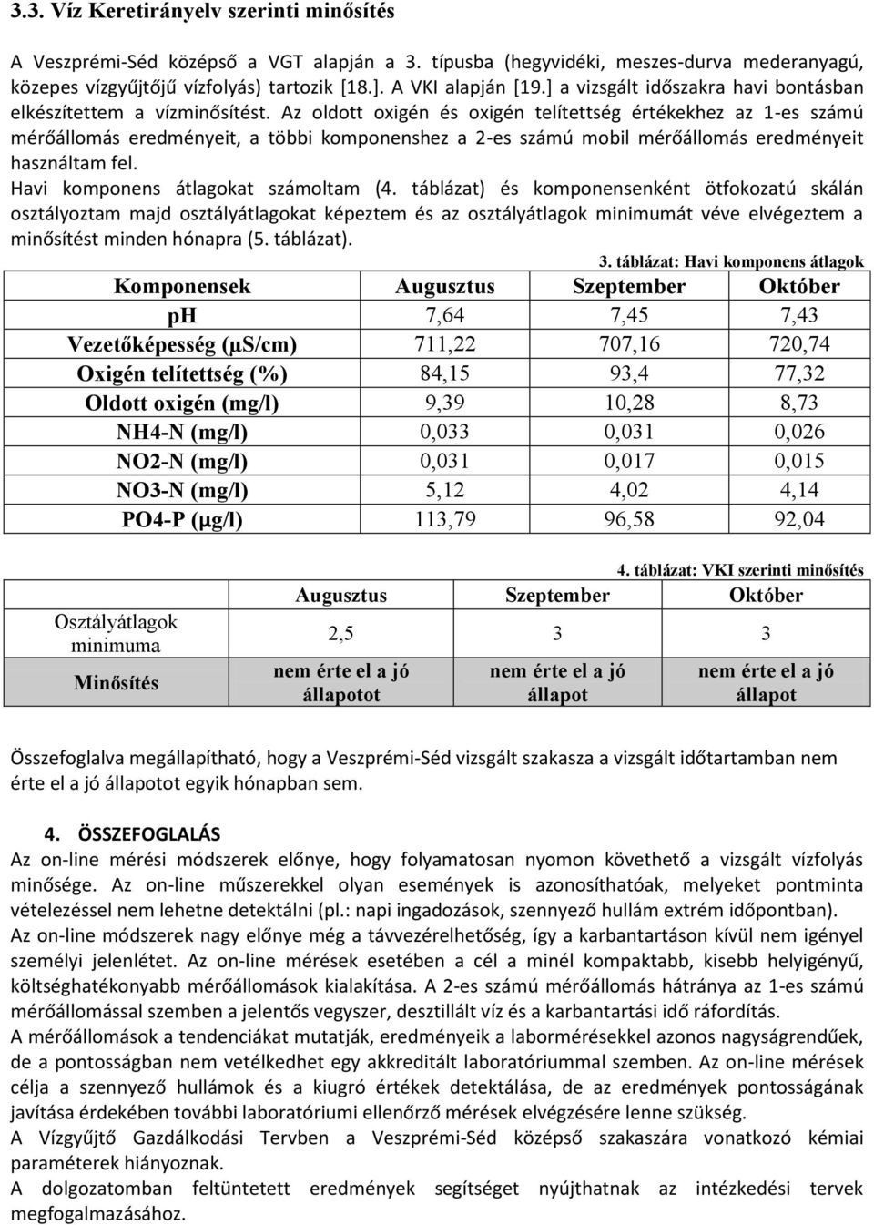 Az oldott oxigén és oxigén telítettség értékekhez az 1-es számú mérőállomás eredményeit, a többi komponenshez a 2-es számú mobil mérőállomás eredményeit használtam fel.