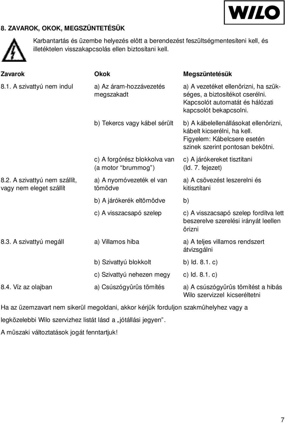 b) Tekercs vagy kábel sérült b) A kábelellenállásokat ellenôrizni, kábelt kicserélni, ha kell. Figyelem: Kábelcsere esetén szinek szerint pontosan bekötni.