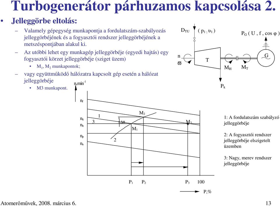 Az utóbbi lehet egy munkagép jelleggörbéje (egyedi hajtás) egy fogyasztói körzet jelleggörbéje (sziget üzem) M 1, M 2 munkapontok; vagy együttmőködı hálózatra kapcsolt gép esetén a