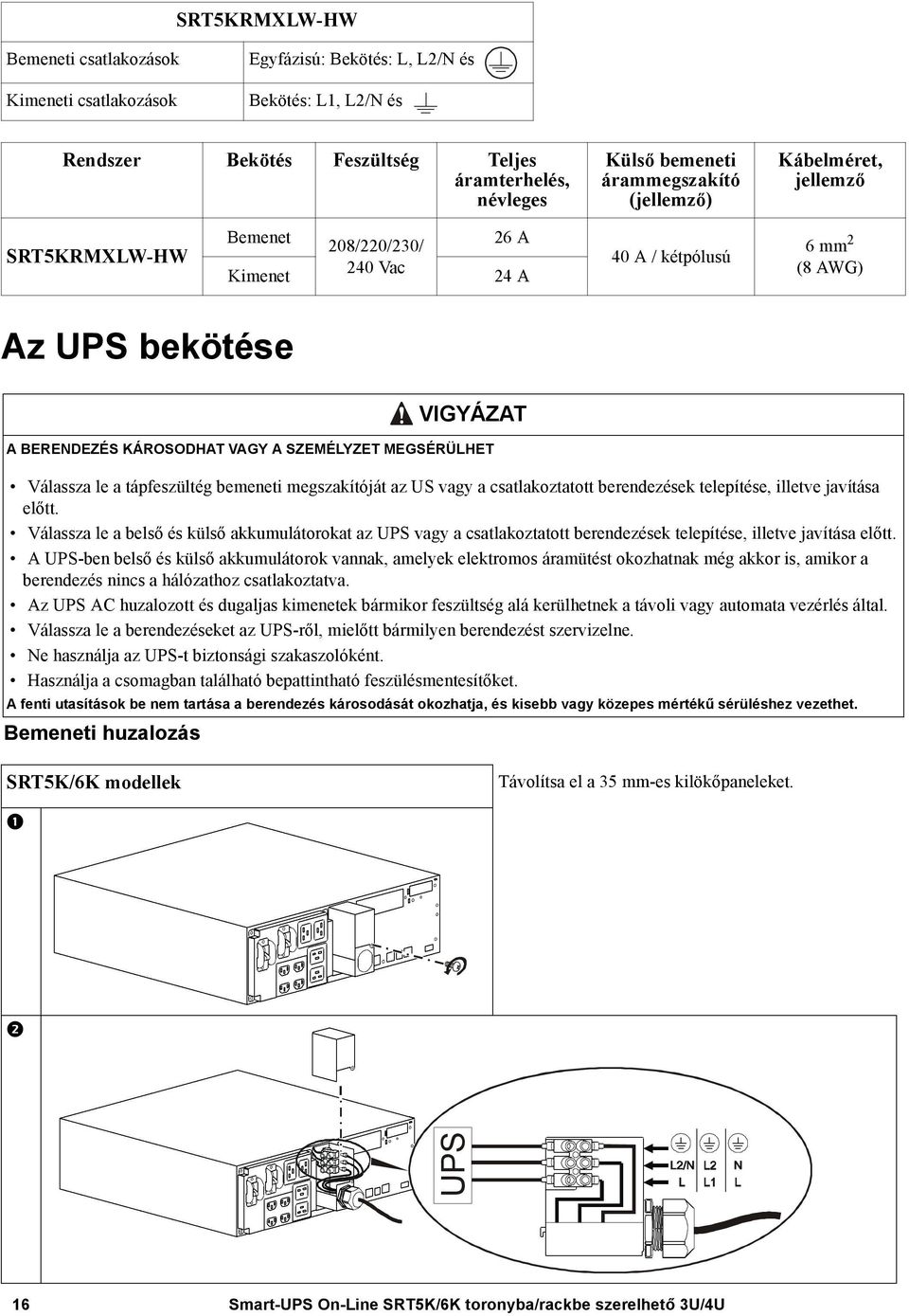 SZEMÉLYZET MEGSÉRÜLHET Válassza le a tápfeszültég bemeneti megszakítóját az US vagy a csatlakoztatott berendezések telepítése, illetve javítása előtt.