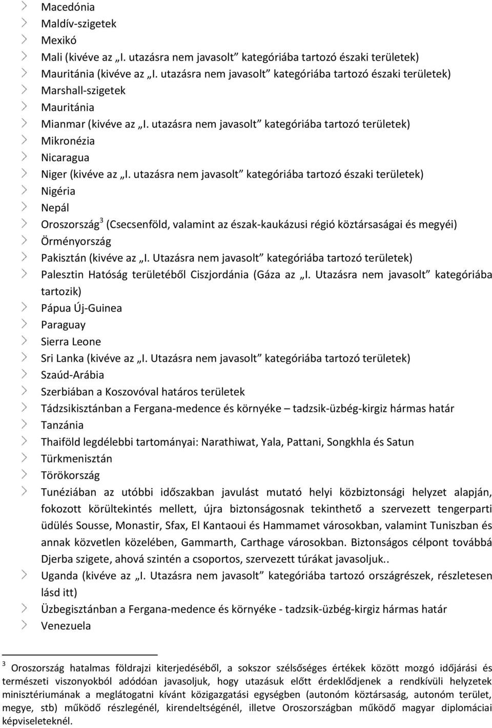 utazásra nem javasolt kategóriába tartozó területek) Mikronézia Nicaragua Niger (kivéve az I.