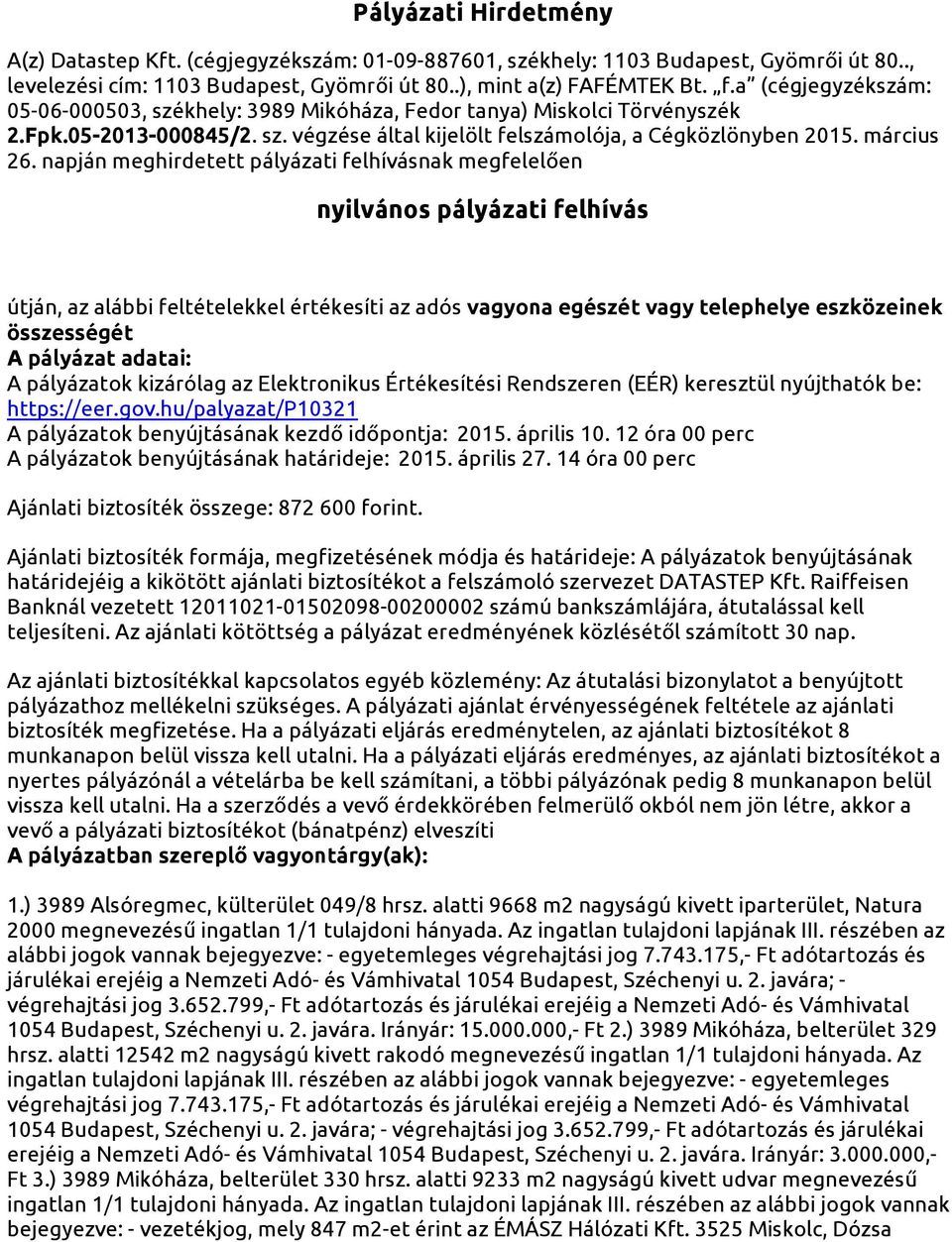 napján meghirdetett pályázati felhívásnak megfelelően nyilvános pályázati felhívás útján, az alábbi feltételekkel értékesíti az adós vagyona egészét vagy telephelye eszközeinek összességét A pályázat