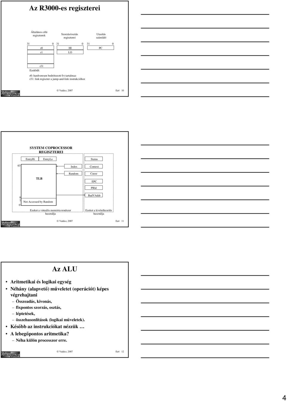 virtuális memória rendszer használja Ezeket a kivételkezelés használja Vadász, 7 Ea Az ALU Aritmetikai és logikai egység Néhány (alapvető) műveletet (operációt) képes végrehajtani