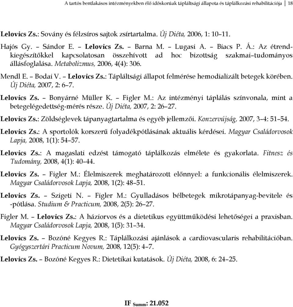Bodai V. Lelovics Zs.: Tápláltsági állapot felmérése hemodializált betegek körében. Új Diéta, 2007, 2: 6 7. Lelovics Zs. Bonyárné Müller K. Figler M.