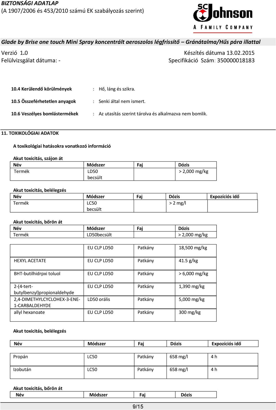 Expozíciós idő Termék LC50 becsült > 2 mg/l Akut toxicitás, bőrön át Név Módszer Faj Dózis Termék LD50becsült > 2,000 mg/kg EU CLP LD50 Patkány 18,500 mg/kg HEXYL ACETATE EU CLP LD50 Patkány 41.