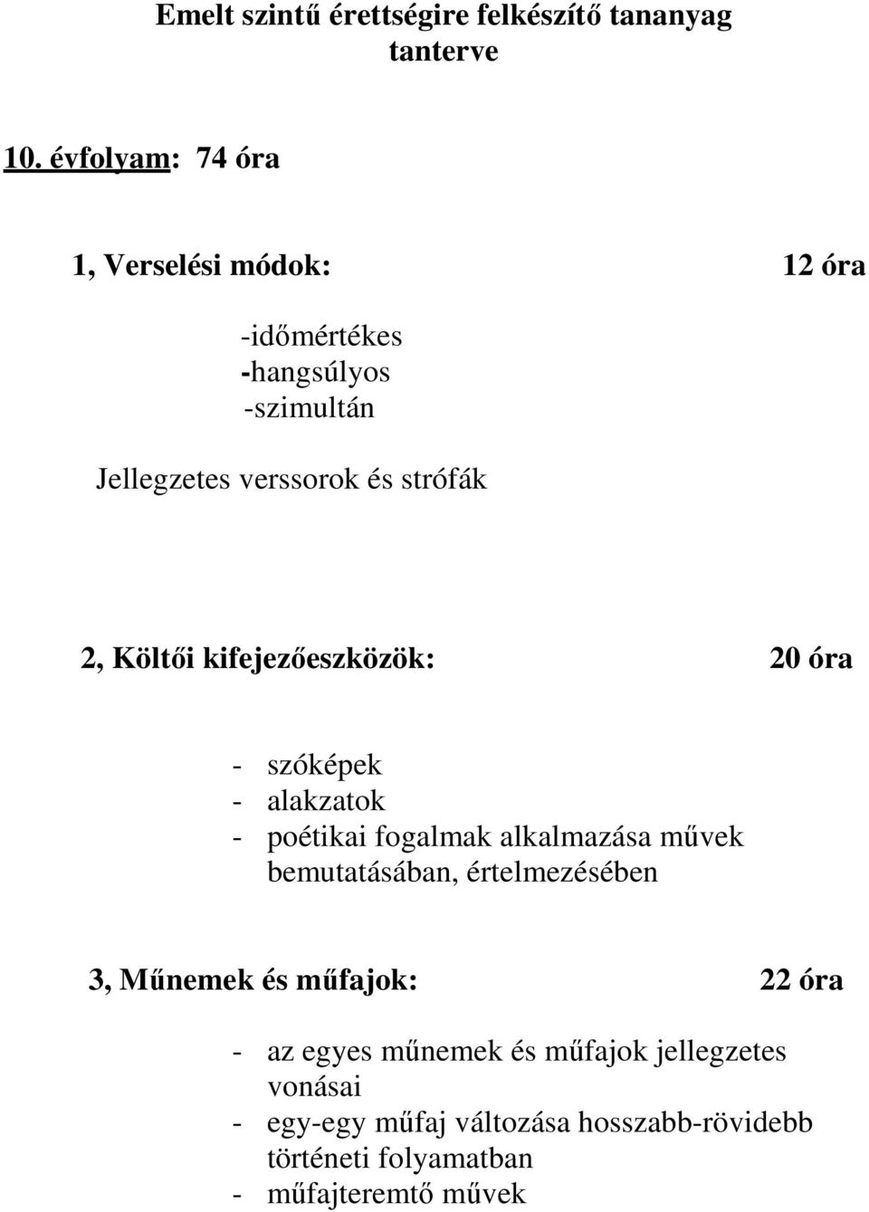 Költői kifejezőeszközök: 20 óra - szóképek - alakzatok - poétikai fogalmak alkalmazása művek bemutatásában,