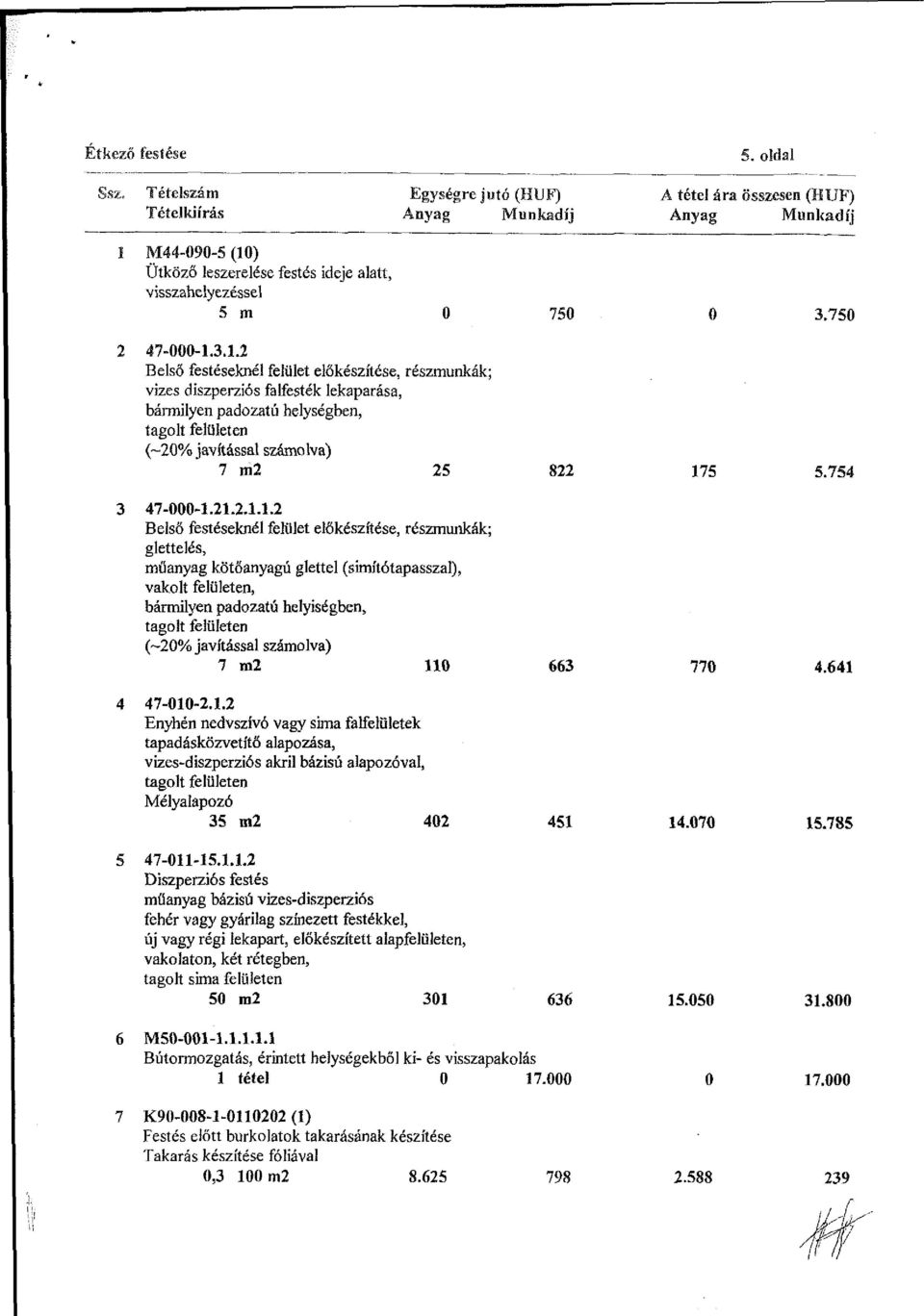 750 2 47-000-1.3.1.2 Belső festéseknél felület előkészítése, részmunkák; vizes diszperziós falfesték lekaparása, bármilyen padozatú helységben, (-20% javítással számolva) 7 m2 25 822 175 5.