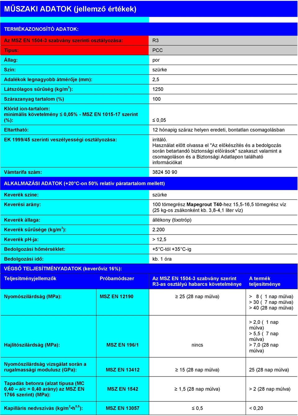 Vámtarifa szám: 3824 50 90 ALKALMAZÁSI ADATOK (+20 C-on 50% relatív páratartalom mellett) Keverék színe: Keverési arány: Keverék állaga: 12 hónapig száraz helyen eredeti, bontatlan csomagolásban