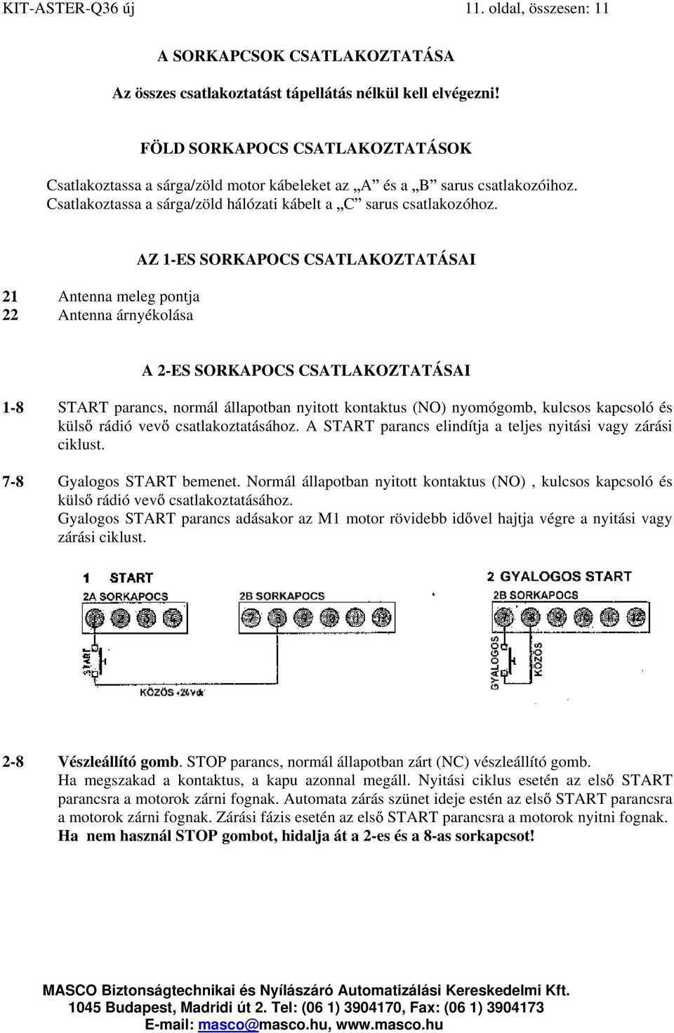 21 Antenna meleg pontja 22 Antenna árnyékolása AZ 1-ES SORKAPOCS CSATLAKOZTATÁSAI A 2-ES SORKAPOCS CSATLAKOZTATÁSAI 1-8 7-8 START parancs, normál állapotban nyitott kontaktus (NO) nyomógomb, kulcsos