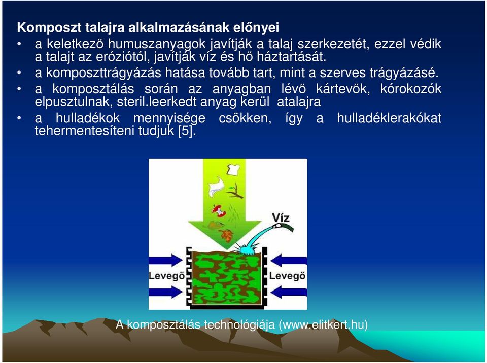 a komposztálás során az anyagban lévı kártevık, kórokozók elpusztulnak, steril.