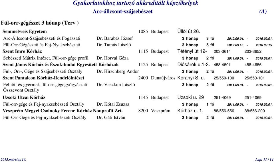 09.01. Szent János Kórház és Észak-budai Egyesített Kórházak 1125 Budapest Diósárok u.1-3. 458-4501 458-4656 Fül-, Orr-, Gége és Szájsebészeti Osztály Dr. Hirschberg Andor 3 hónap 2 fő 2011.09.01. - 2015.