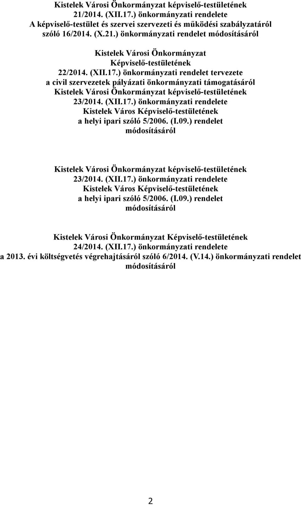 (I.09.) rendelet módosításáról Kistelek Városi Önkormányzat képviselő-testületének 23/2014. (XII.17.) önkormányzati rendelete Kistelek Város Képviselő-testületének a helyi ipari szóló 5/2006. (I.09.) rendelet módosításáról Kistelek Városi Önkormányzat Képviselő-testületének 24/2014.