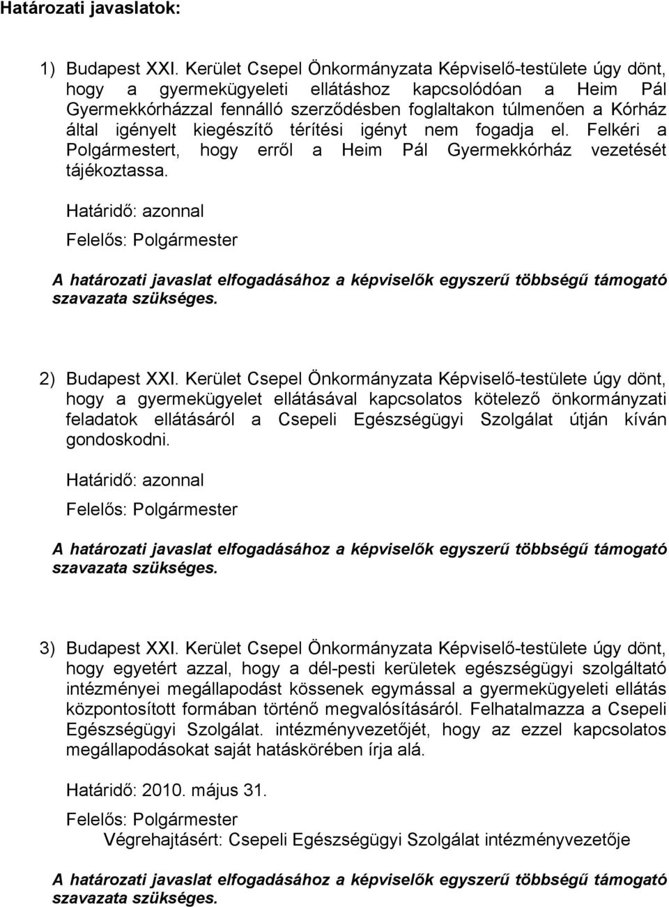 igényelt kiegészítő térítési igényt nem fogadja el. Felkéri a Polgármestert, hogy erről a Heim Pál Gyermekkórház vezetését tájékoztassa. Határidő: azonnal 2) Budapest XXI.