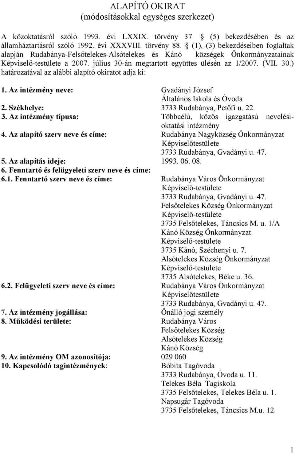 Az intézmény neve: Gvadányi József Általános Iskola és Óvoda 2. Székhelye: 3733 Rudabánya, Petőfi u. 22. 3. Az intézmény típusa: Többcélú, közös igazgatású nevelésioktatási intézmény 4.