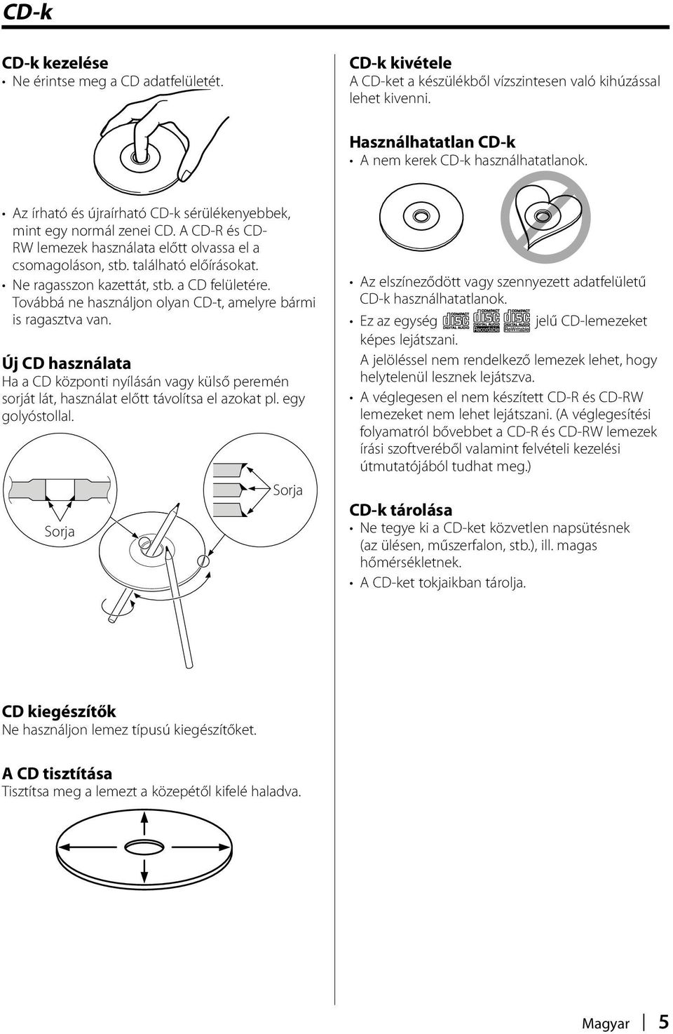 a CD felületére. Továbbá ne használjon olyan CD-t, amelyre bármi is ragasztva van. Új CD használata Ha a CD központi nyílásán vagy külső peremén sorját lát, használat előtt távolítsa el azokat pl.