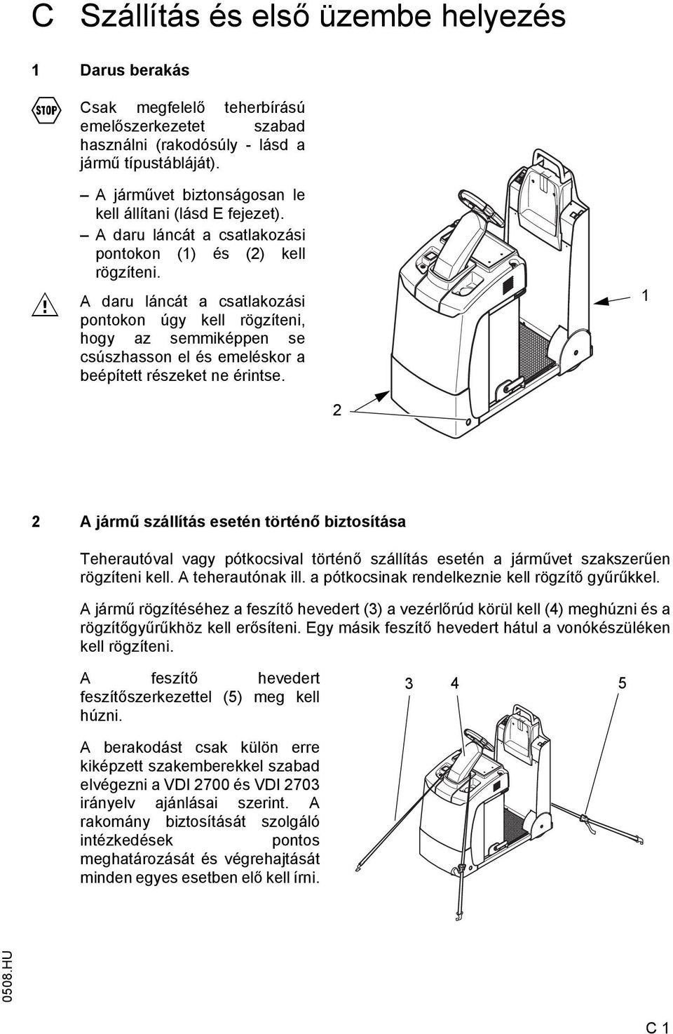 A daru láncát a csatlakozási pontokon úgy kell rögzíteni, hogy az semmiképpen se csúszhasson el és emeléskor a beépített részeket ne érintse.