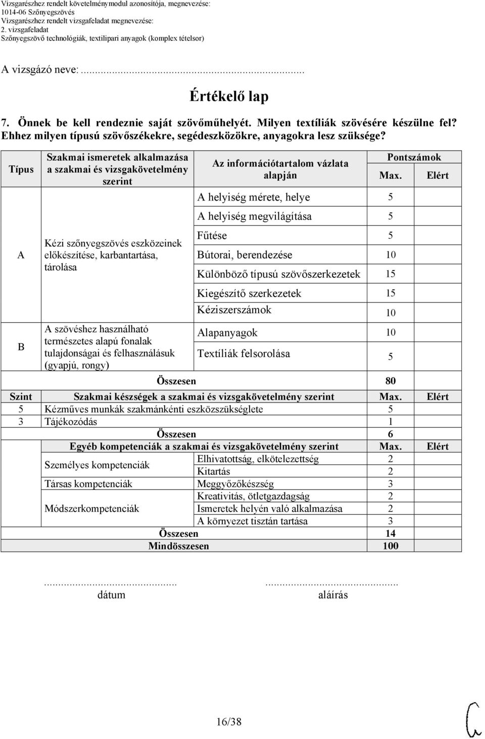 helyiség mérete, helye 5 helyiség megvilágítása 5 Fűtése 5 Bútorai, berendezése Különböző típusú szövőszerkezetek 15 Elért Kiegészítő szerkezetek 15 Kéziszerszámok B szövéshez használható természetes