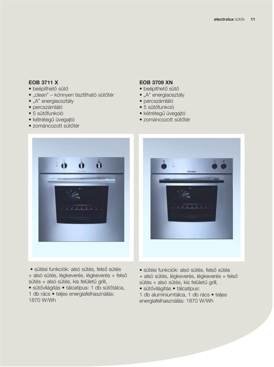 + felsô sütés + alsó sütés, kis felületû grill, sütôvilágítás tálcatípus: 1 db sütôtálca, 1 db rács teljes energiafelhasználás: 1870 W/Wh sütési funkciók: alsó sütés, felsô
