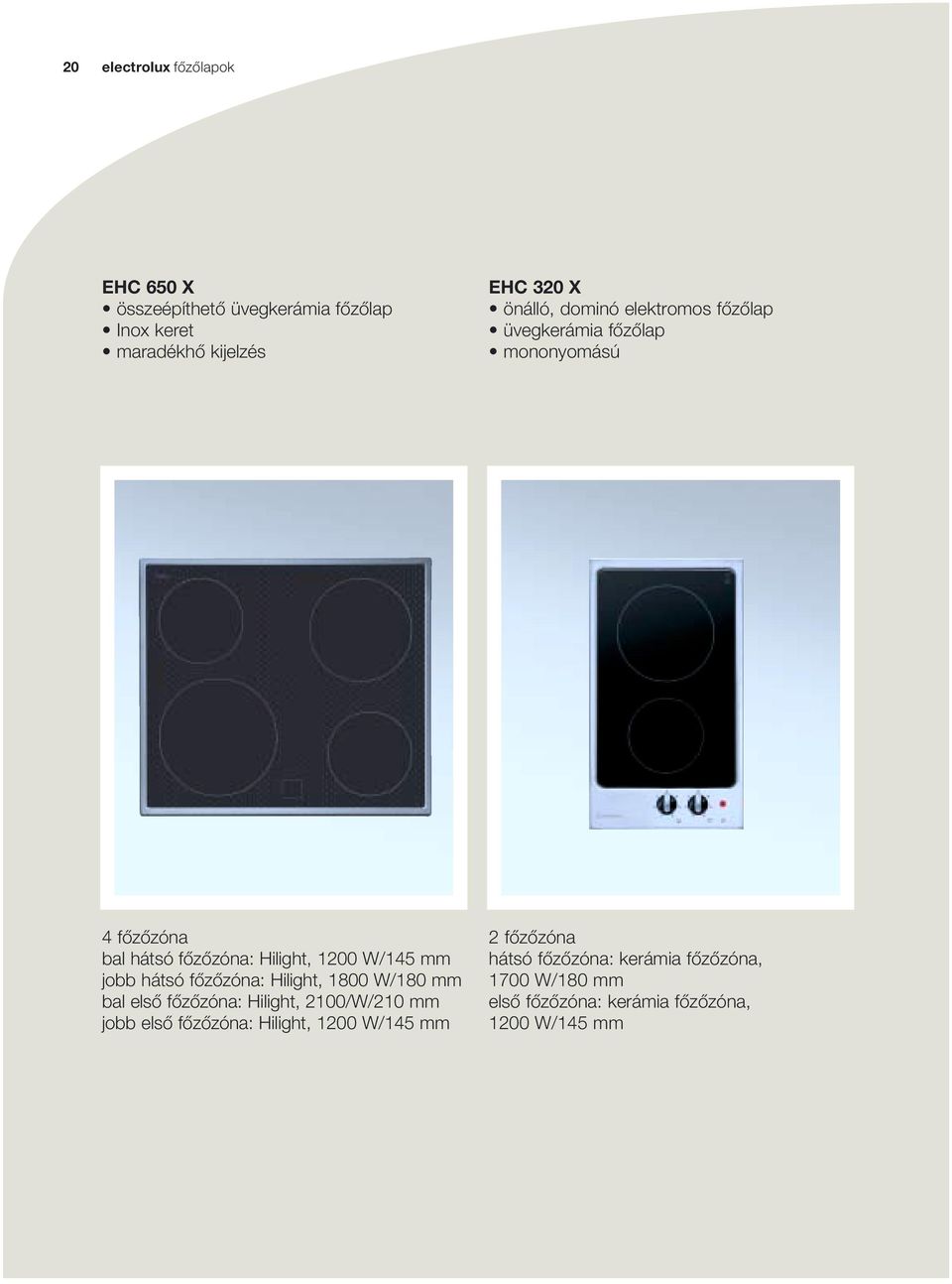 jobb hátsó fôzôzóna: Hilight, 1800 W/180 mm bal elsô fôzôzóna: Hilight, 2100/W/210 mm jobb elsô fôzôzóna: Hilight,