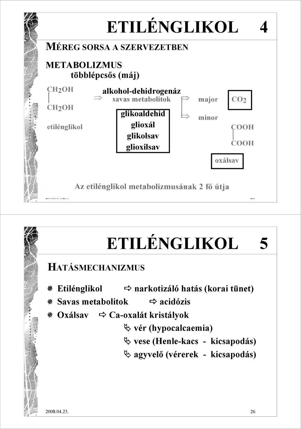 25 ETILÉNGLIKOL 5 HATÁSMECHANIZMUS Etilénglikol narkotizáló hatás (korai tünet) Savas