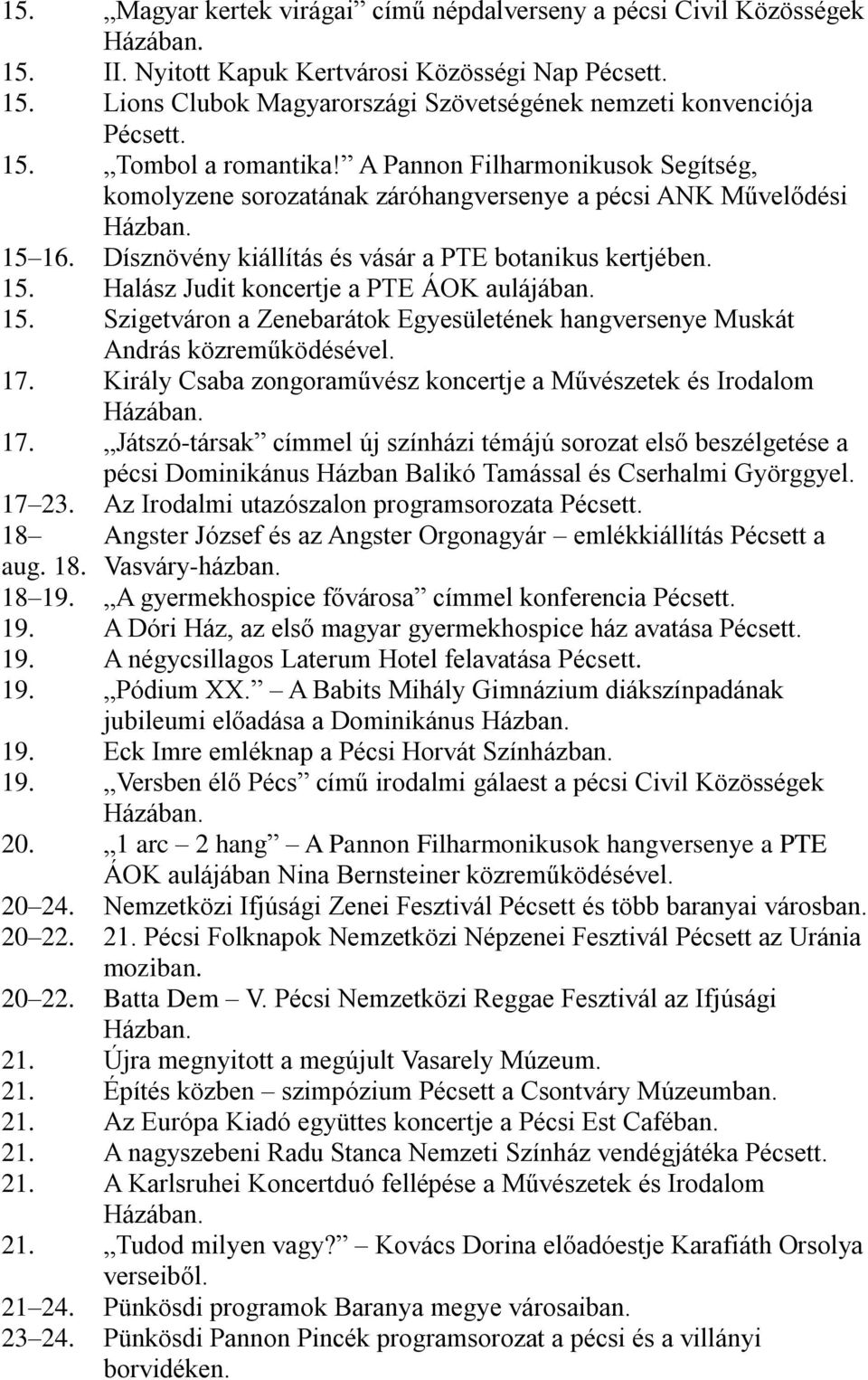 15. Szigetváron a Zenebarátok Egyesületének hangversenye Muskát András közreműködésével. 17. Király Csaba zongoraművész koncertje a Művészetek és Irodalom 17.