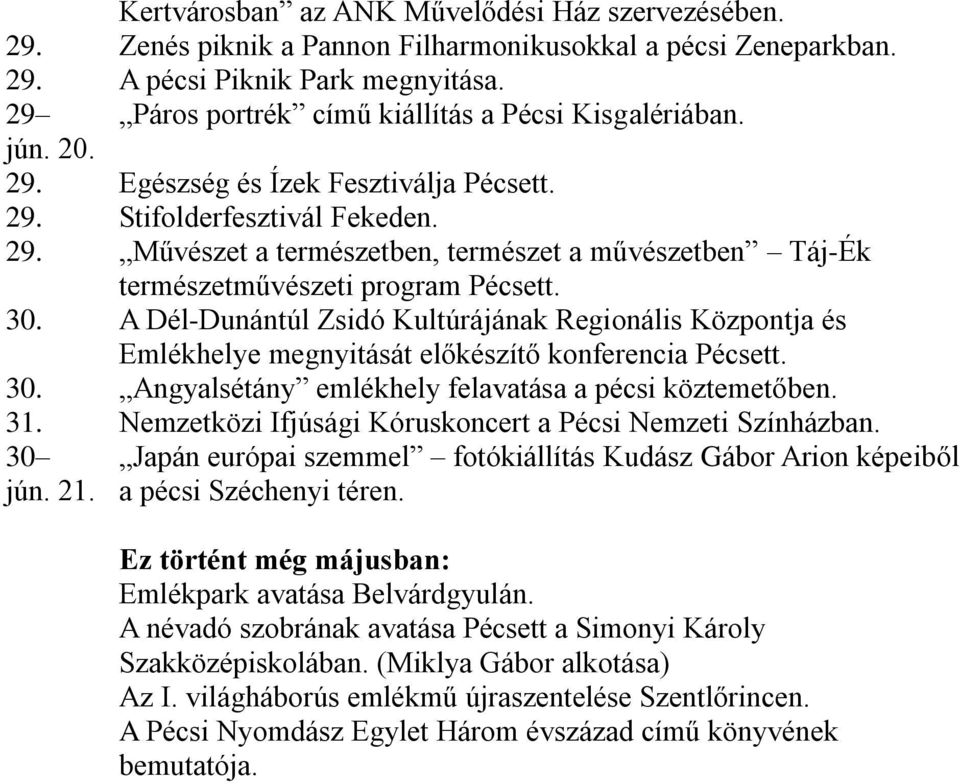 30. A Dél-Dunántúl Zsidó Kultúrájának Regionális Központja és Emlékhelye megnyitását előkészítő konferencia Pécsett. 30. Angyalsétány emlékhely felavatása a pécsi köztemetőben. 31.