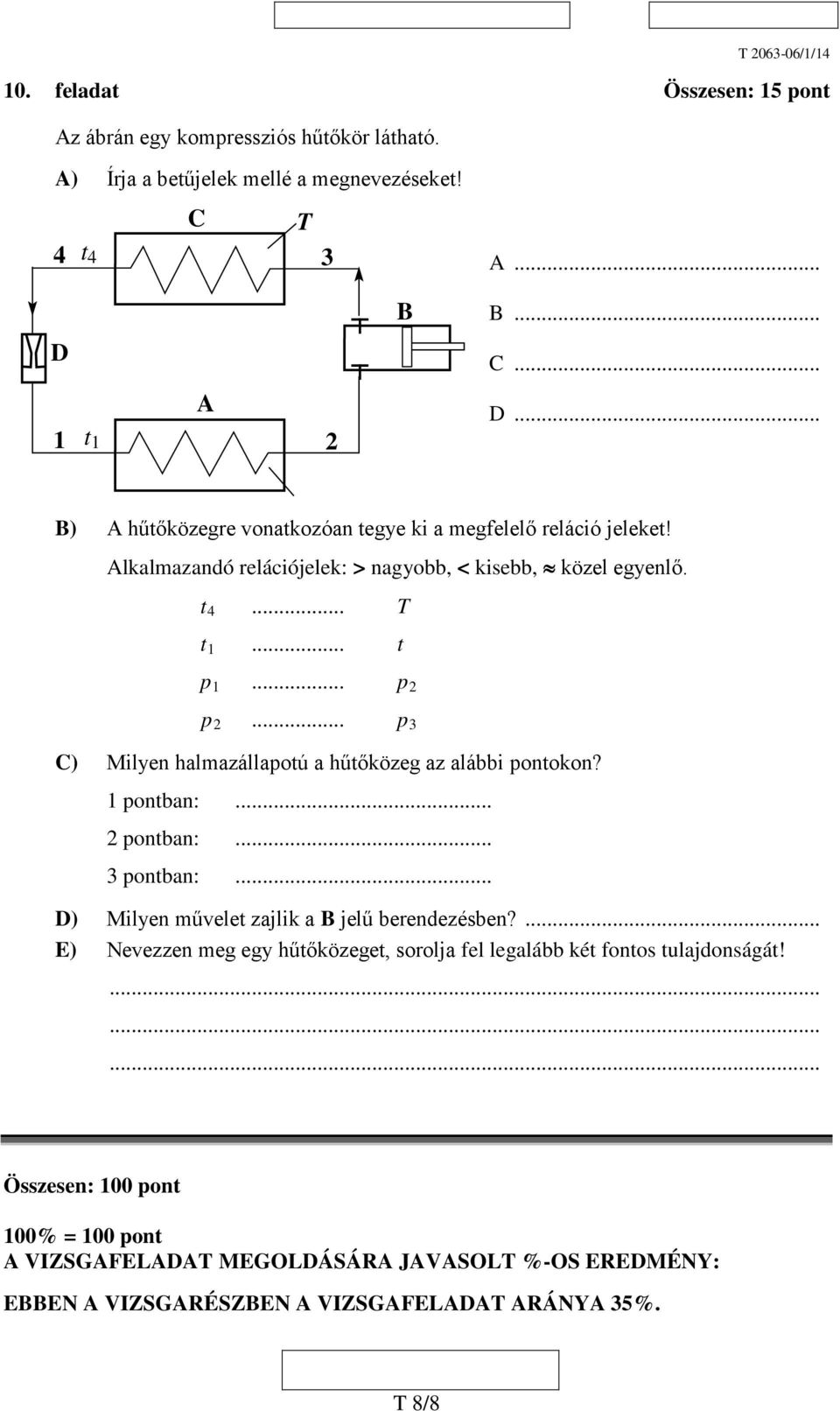 .. p 2 p 2... p C) Milyen halmazállapotú a hűtőközeg az alábbi pontokon? 1 pontban:... 2 pontban:... 3 pontban:... 3 D) Milyen művelet zajlik a B jelű berendezésben?