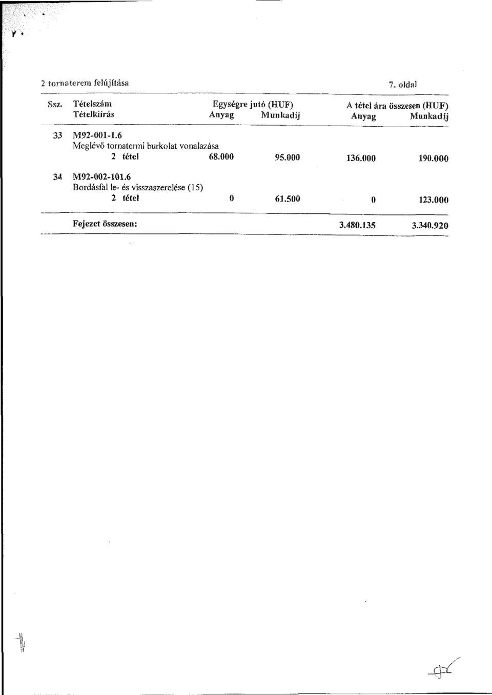 6 Meglévő tornatermi burkolat vonalazása 2 tétel 68.000 95.000 136.000 190.
