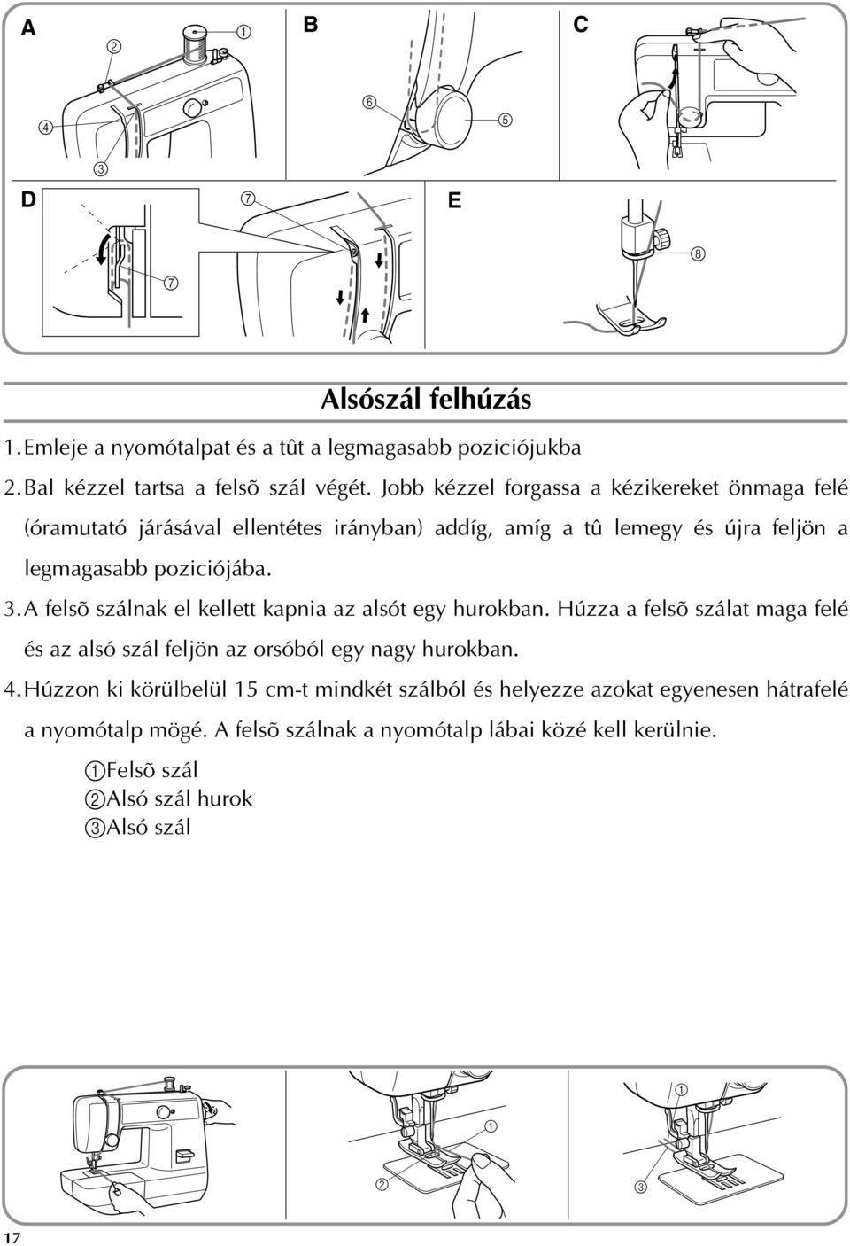 A felsõ szálnak el kellett kapnia az alsót egy hurokban. Húzza a felsõ szálat maga felé és az alsó szál feljön az orsóból egy nagy hurokban. 4.