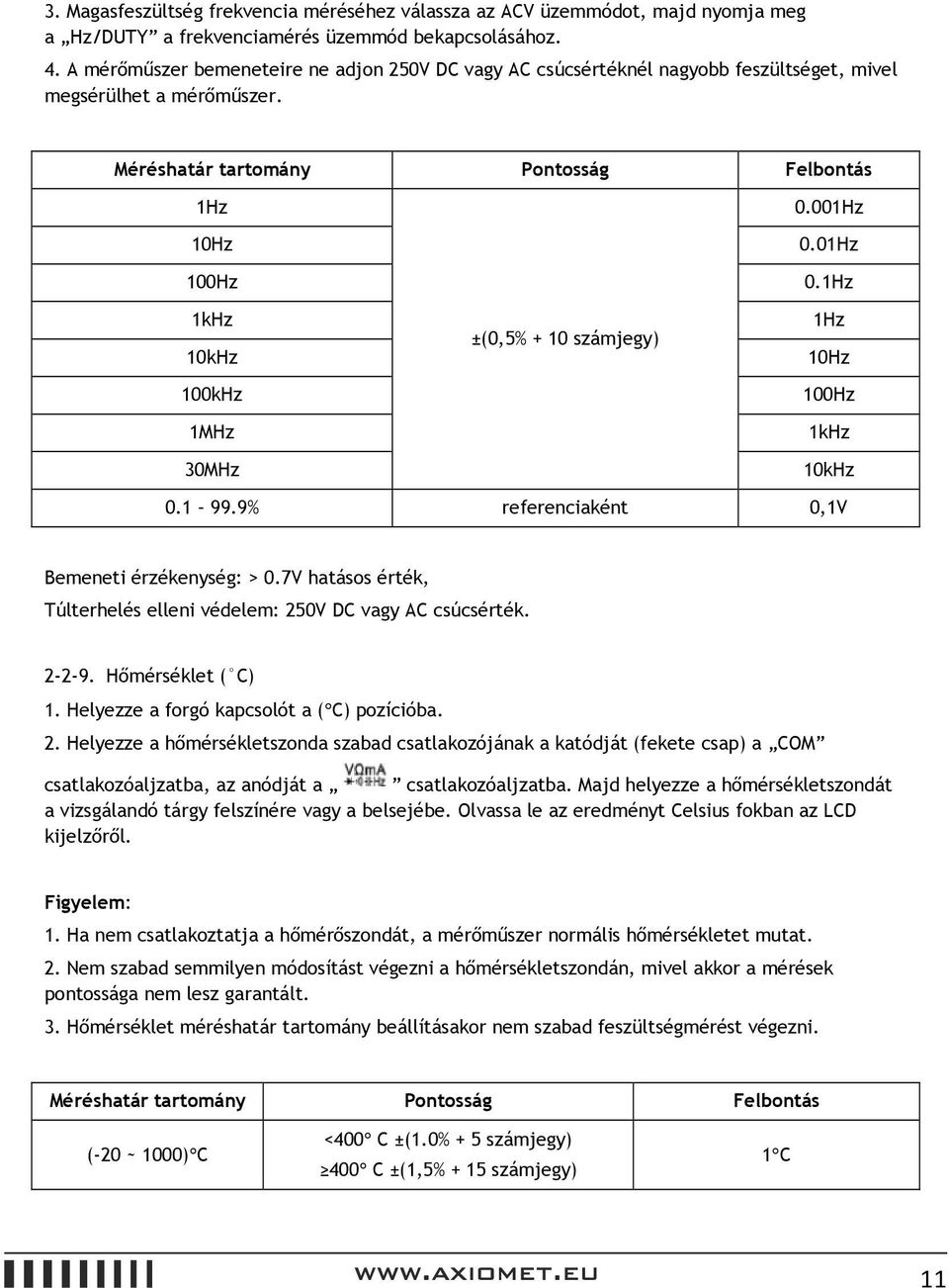 1Hz 1kHz 1Hz ±(0,5% + 10 számjegy) 10kHz 10Hz 100kHz 100Hz 1MHz 1kHz 30MHz 10kHz 0.1 99.9% referenciaként 0,1V Bemeneti érzékenység: > 0.