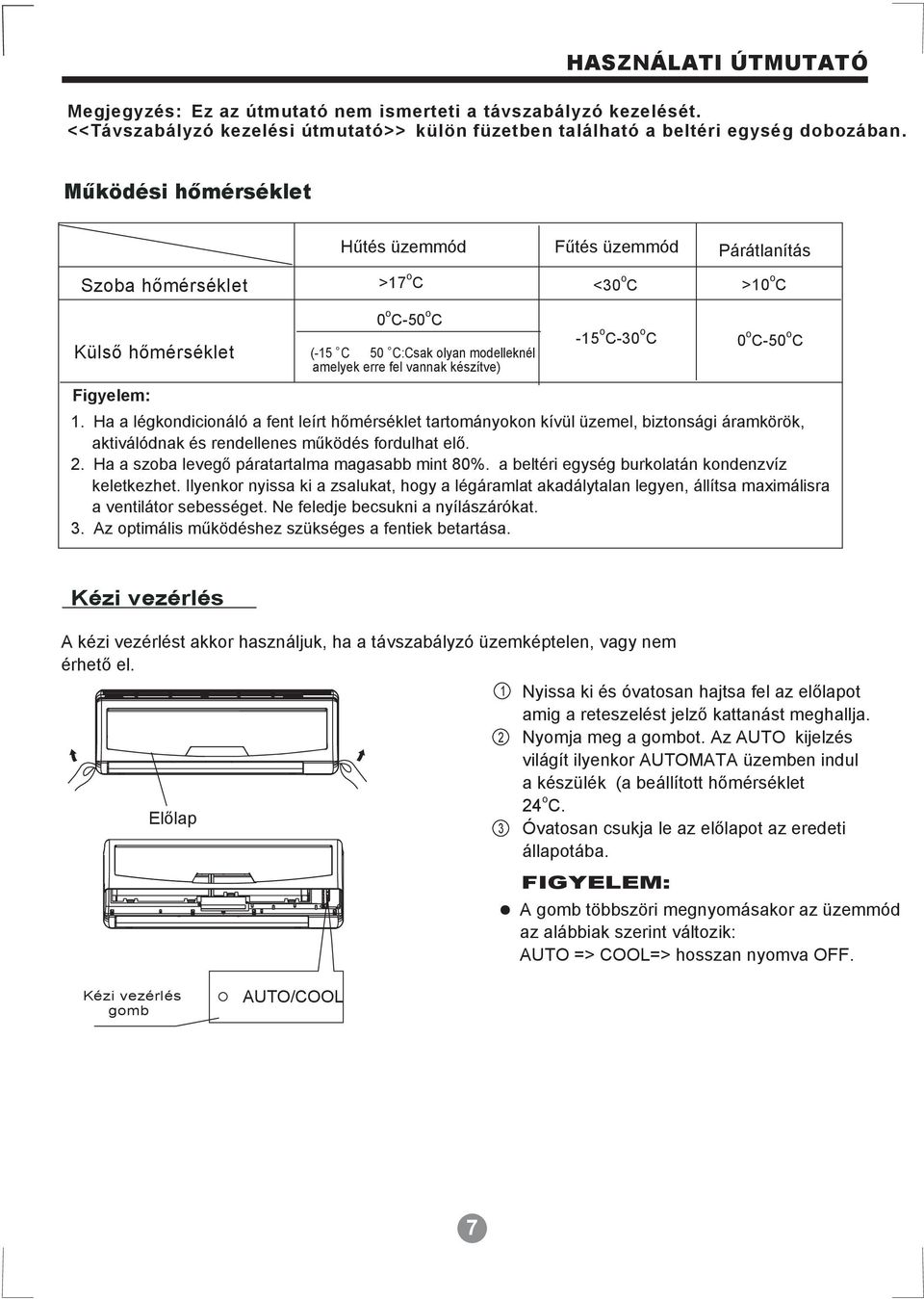 készítve) -15 o C-30 o C 0 o C-50 o C Figyelem: 1. Ha a légkondicionáló a fent leírt hőmérséklet tartományokon kívül üzemel, biztonsági áramkörök, aktiválódnak és rendellenes működés fordulhat elő. 2.