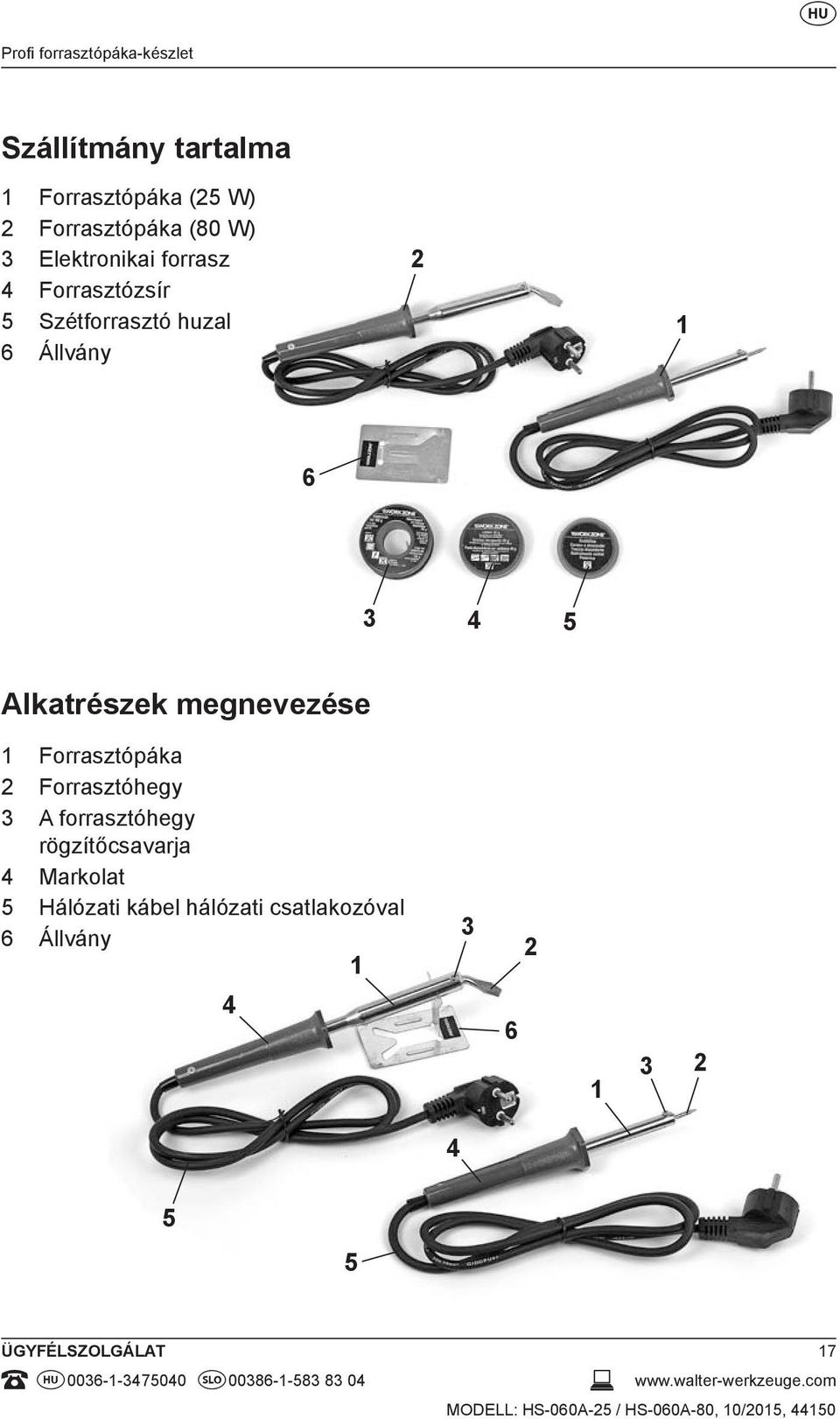 Forrasztópáka 2 Forrasztóhegy 3 A forrasztóhegy rögzítőcsavarja 4 Markolat 5 Hálózati kábel hálózati