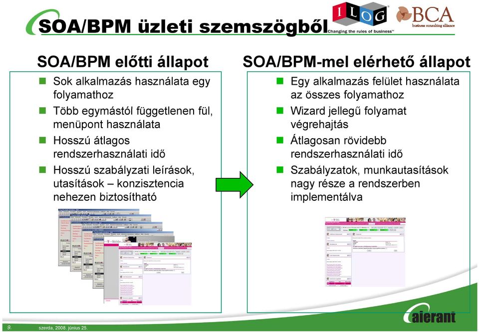 biztosítható SOA/BPM-mel elérhető állapot Egy alkalmazás felület használata az összes folyamathoz Wizard jellegű folyamat